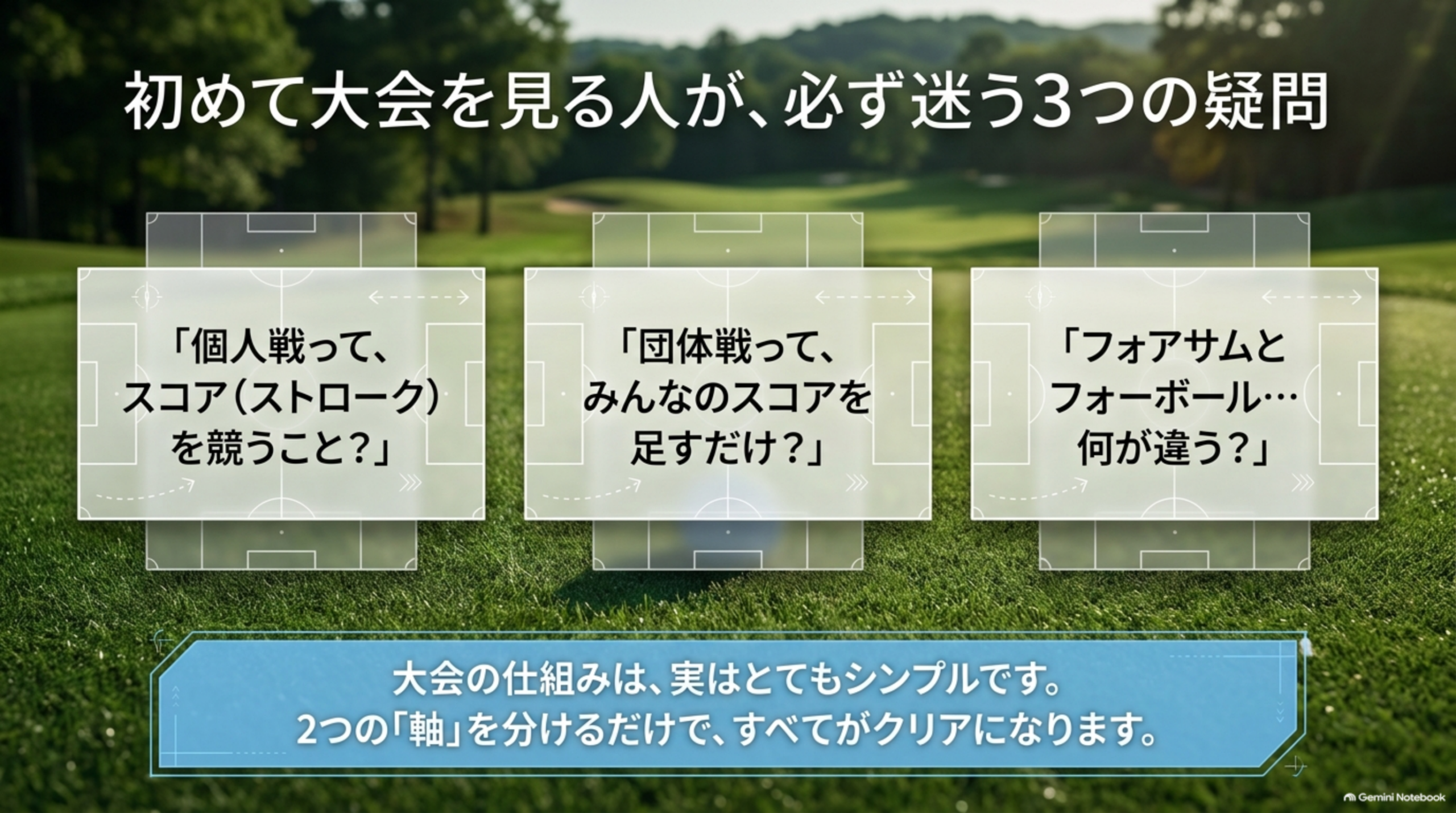 初めて大会を見る人が迷う3つの疑問。個人戦ってスコアを競うこと？団体戦ってみんなのスコアを足すだけ？フォアサムとフォーボール、何が違う？
