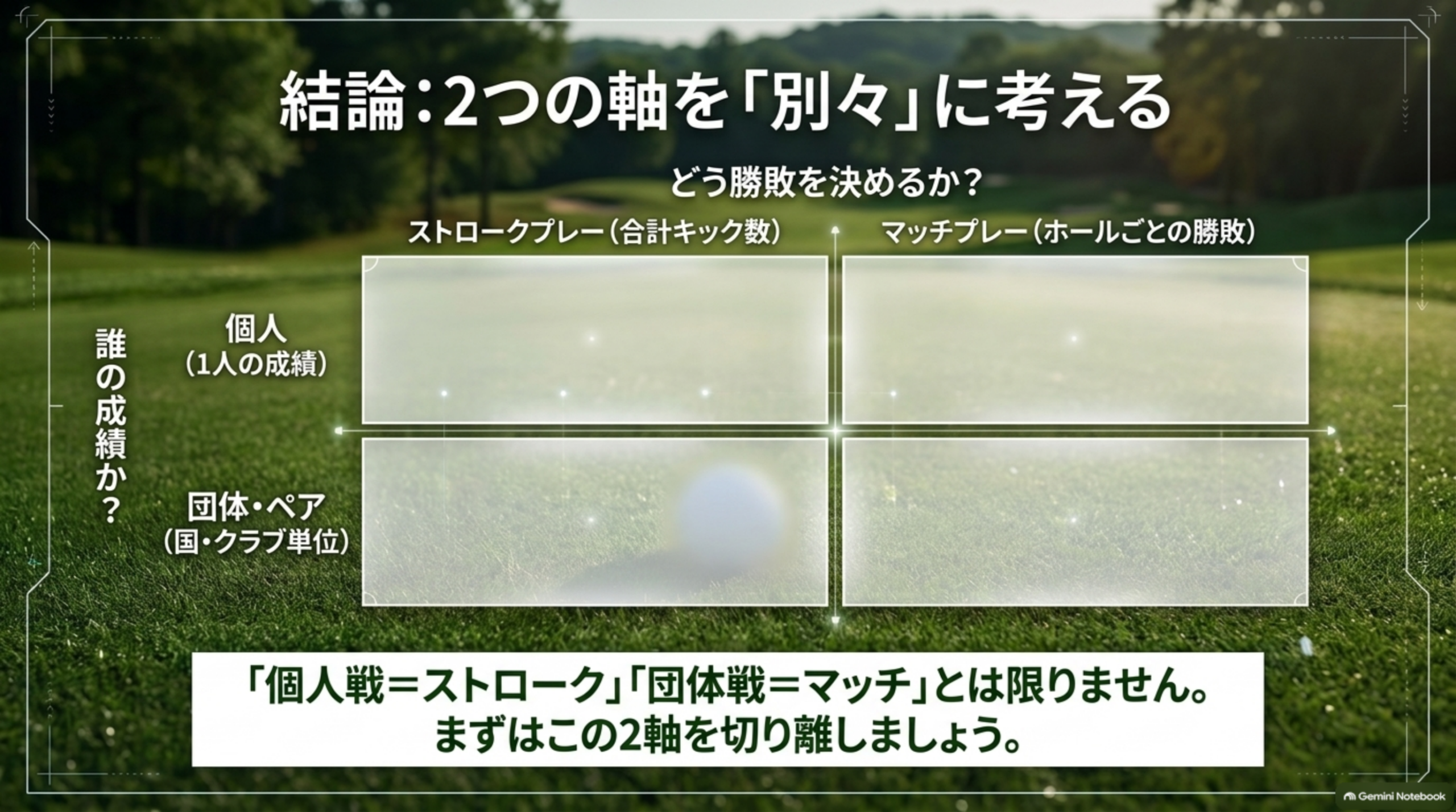 結論：2つの軸を別々に考える。縦軸は誰の成績か（個人／団体・ペア）、横軸はどう勝敗を決めるか（ストロークプレー／マッチプレー）