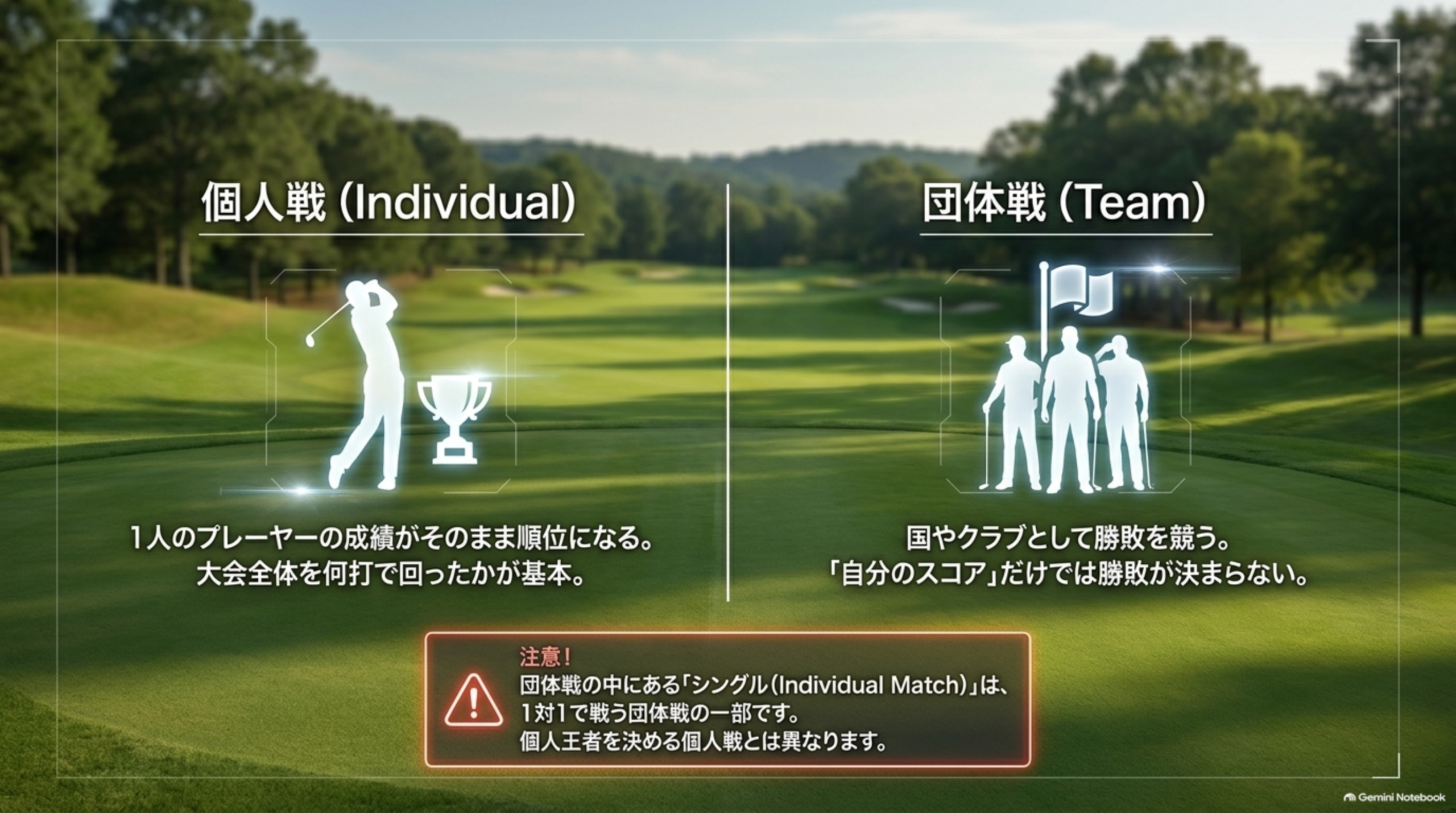 個人戦と団体戦。個人戦は1人のプレーヤーの成績がそのまま順位になる。団体戦は国やクラブとして勝敗を競う。団体戦の中のシングルは団体戦の一部