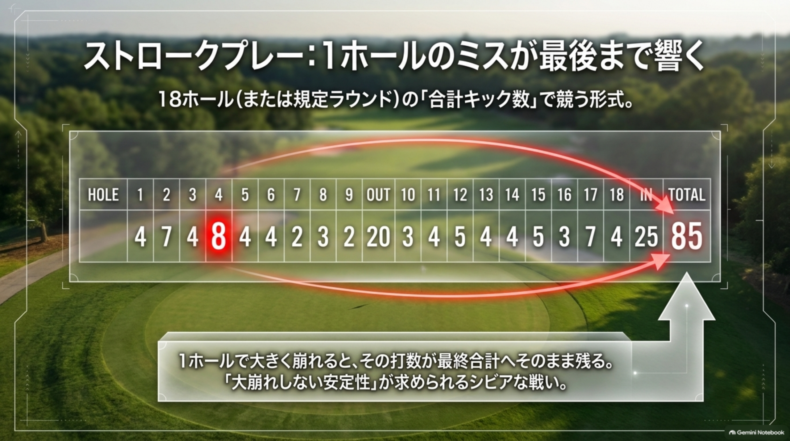 ストロークプレー：1ホールのミスが最後まで響く。18ホールの合計キック数で競う形式で、1ホールで大きく崩れるとその打数が最終合計に残る
