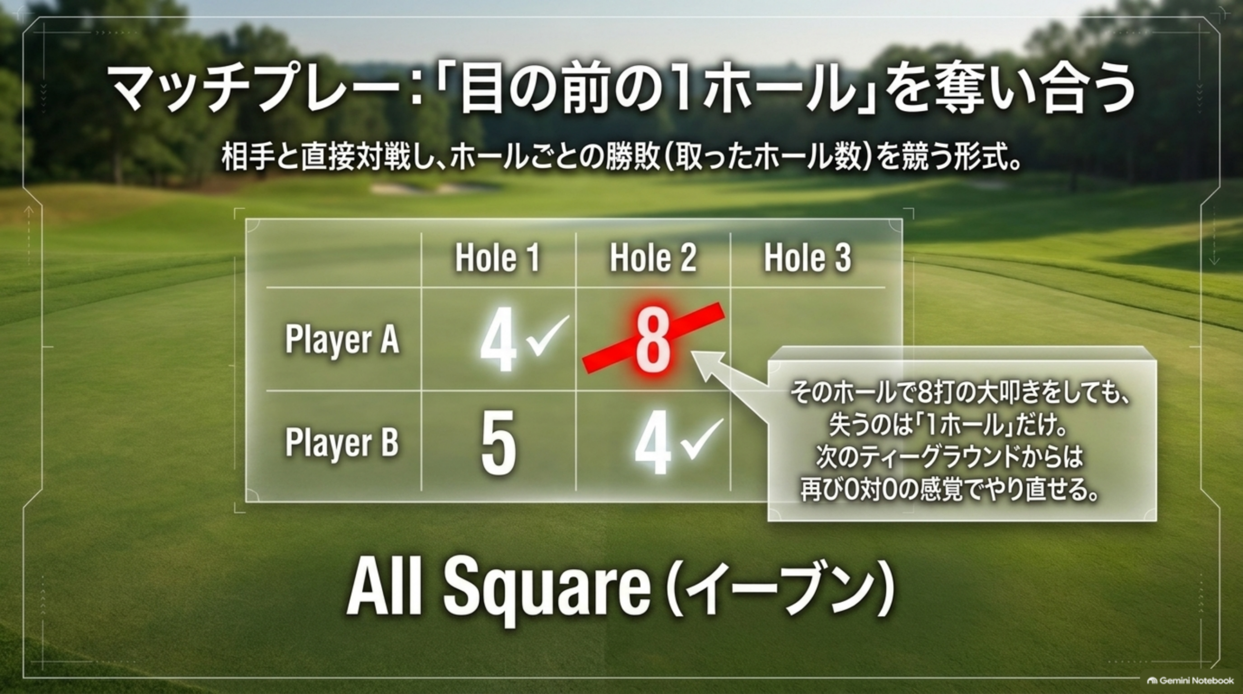 マッチプレー：目の前の1ホールを奪い合う。Player Aが1番ホールを取り、Player Bが2番ホールを取ってイーブンになる例