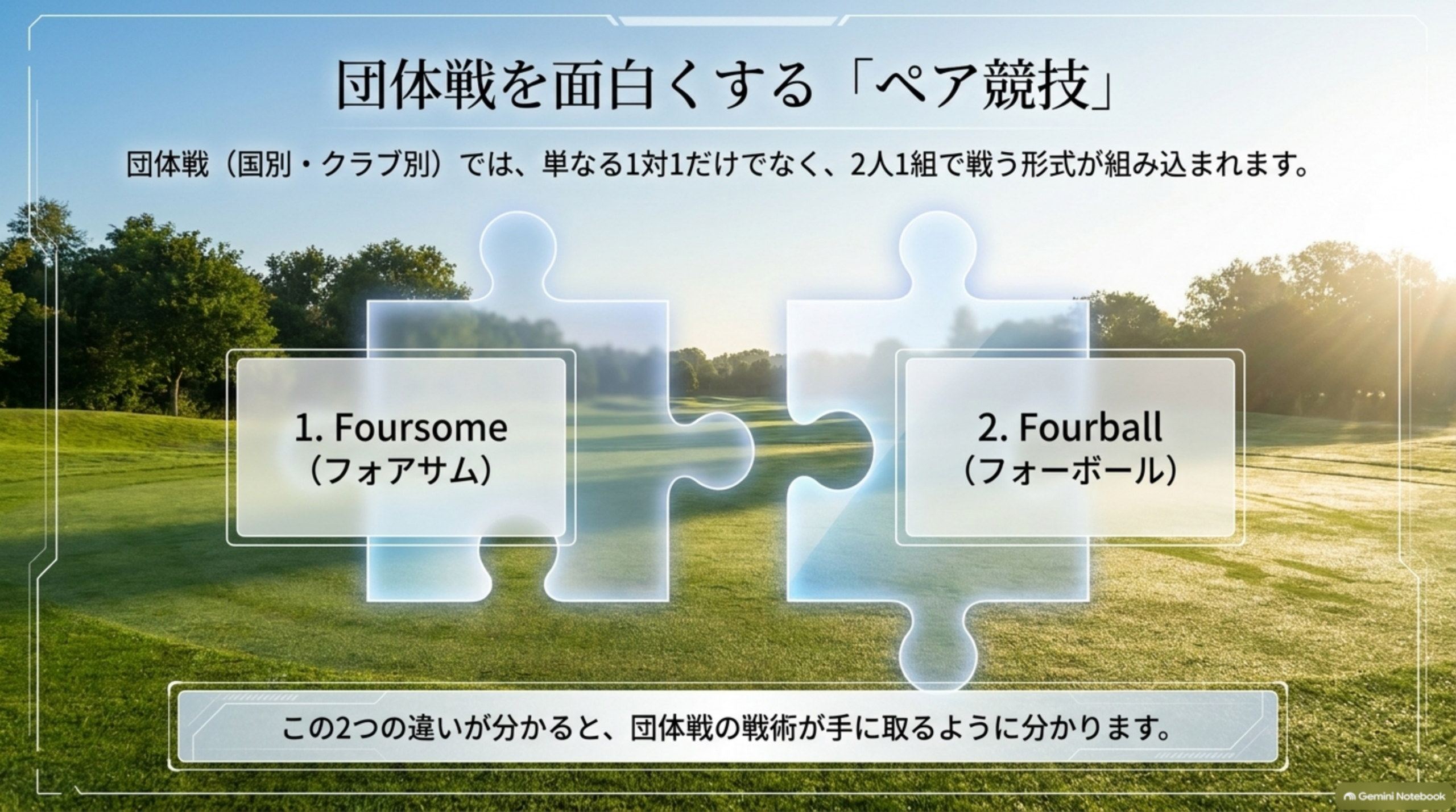 団体戦を面白くするペア競技。Foursome（フォアサム）とFourball（フォーボール）。団体戦では1対1だけでなく2人1組で戦う形式が組み込まれる