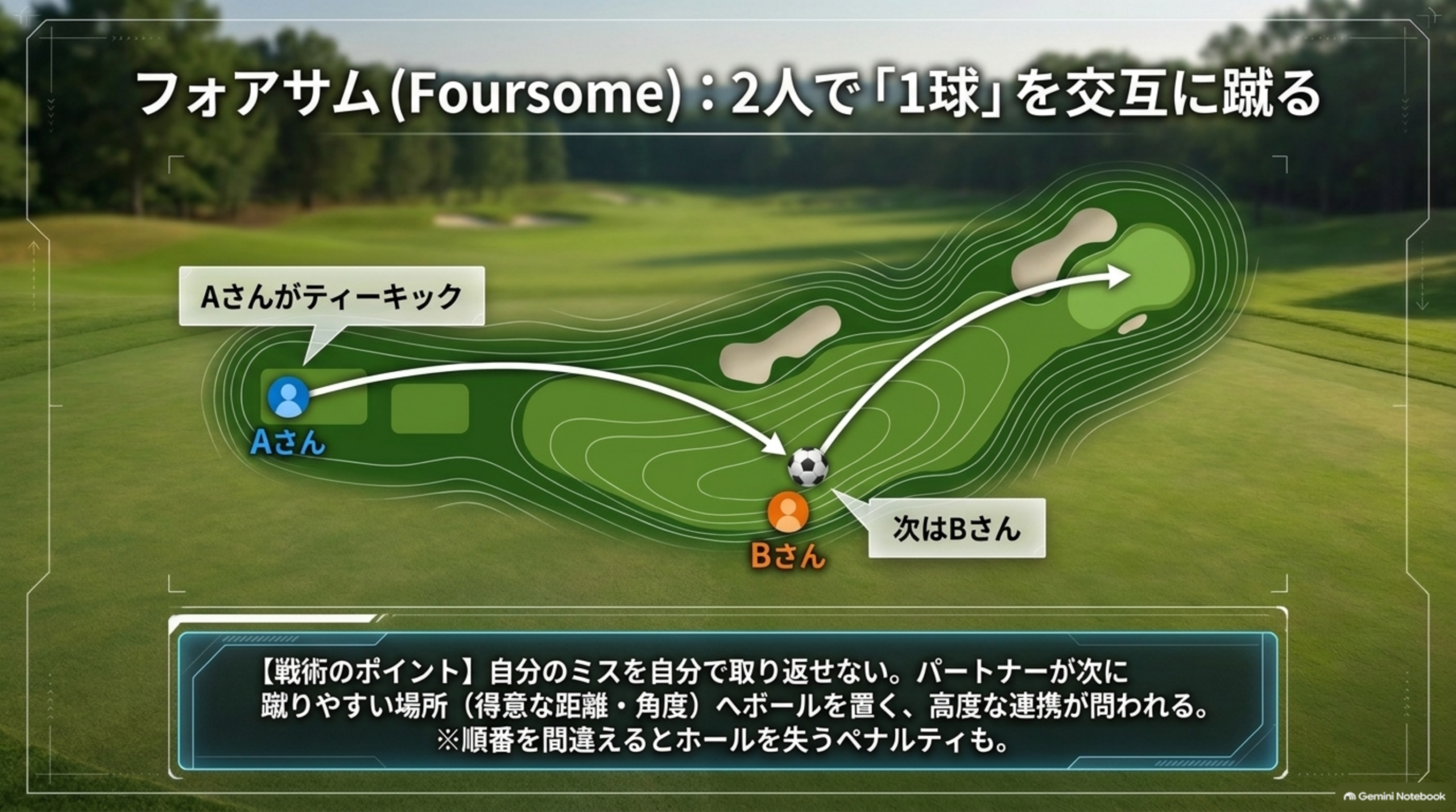 フォアサム：2人で1球を交互に蹴る。Aさんがティーキックし、次はBさんが蹴る。順番を間違えるとホールを失う
