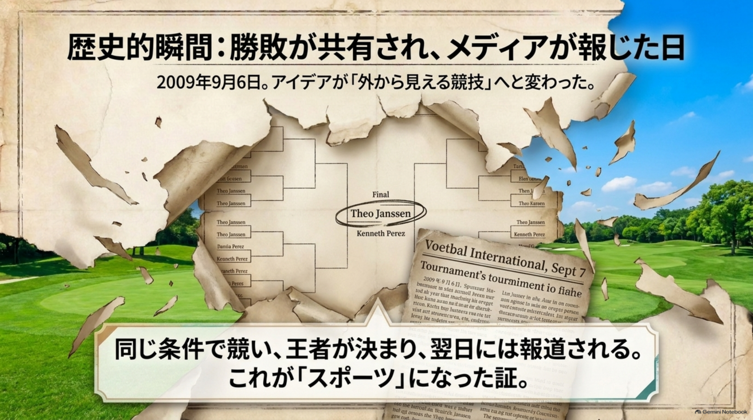 2009年9月6日のオランダFootGolf選手権と、翌9月7日のVoetbal Internationalによる結果報道を表現したイメージ