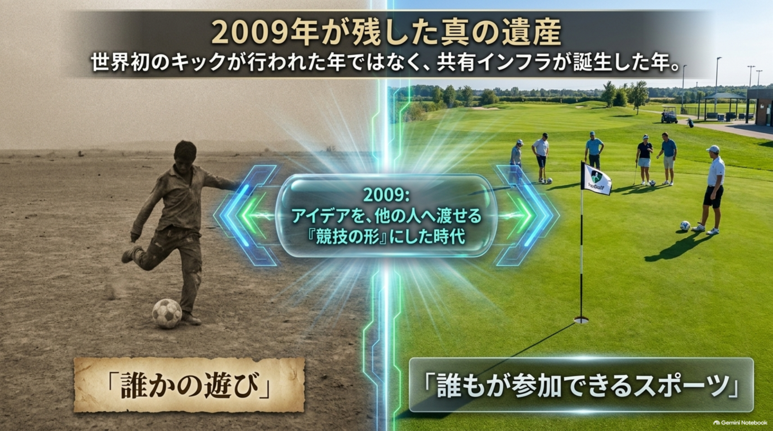 「誰かの遊び」と「誰もが参加できるスポーツ」を左右に対比し、2009年をアイデアを他の人へ渡せる競技の形にした時代として表したイメージ