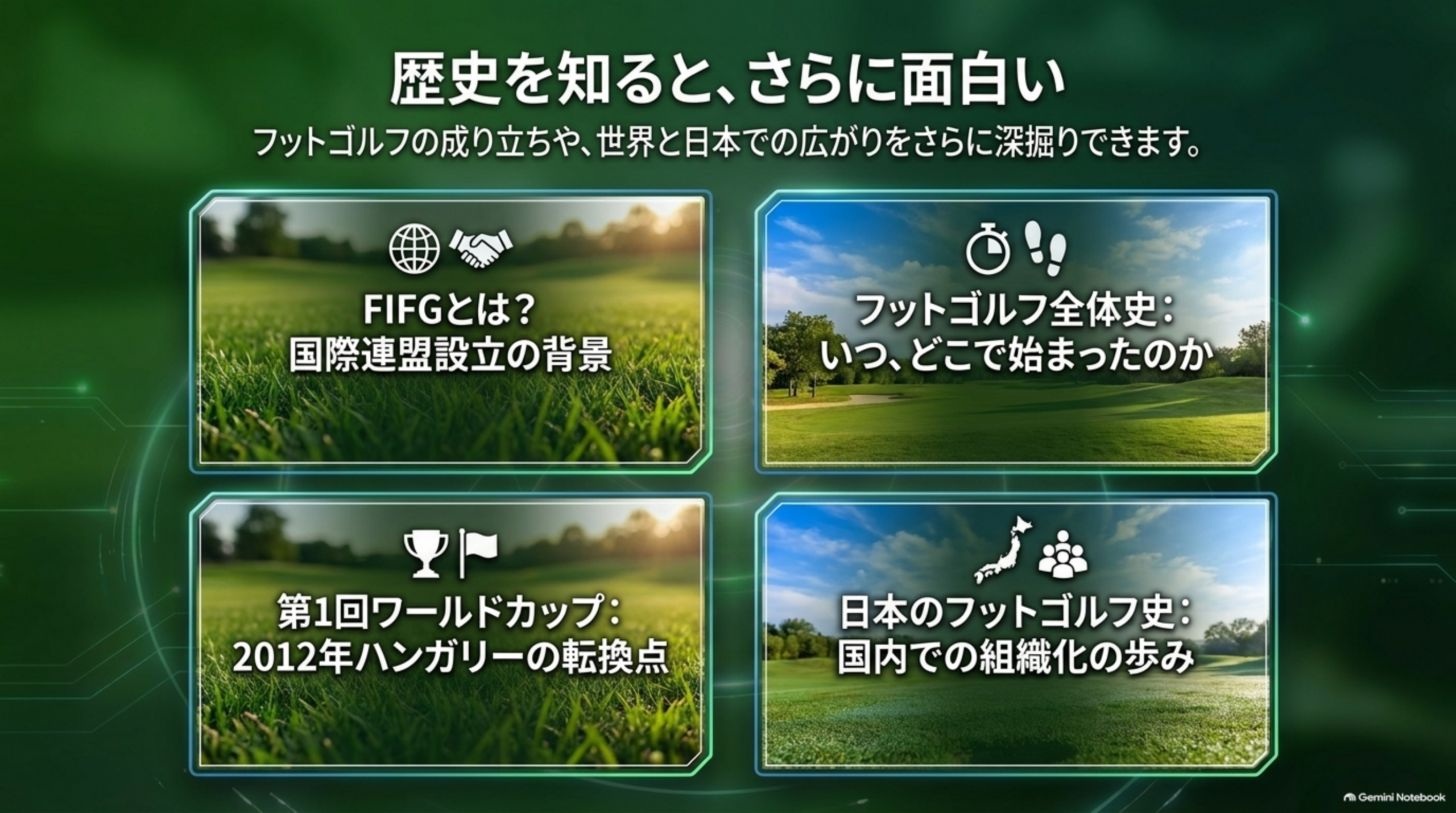 歴史を知ると、さらに面白い。FIFG、フットゴルフ全体史、第1回ワールドカップ、日本のフットゴルフ史の4つのテーマを示したイメージ