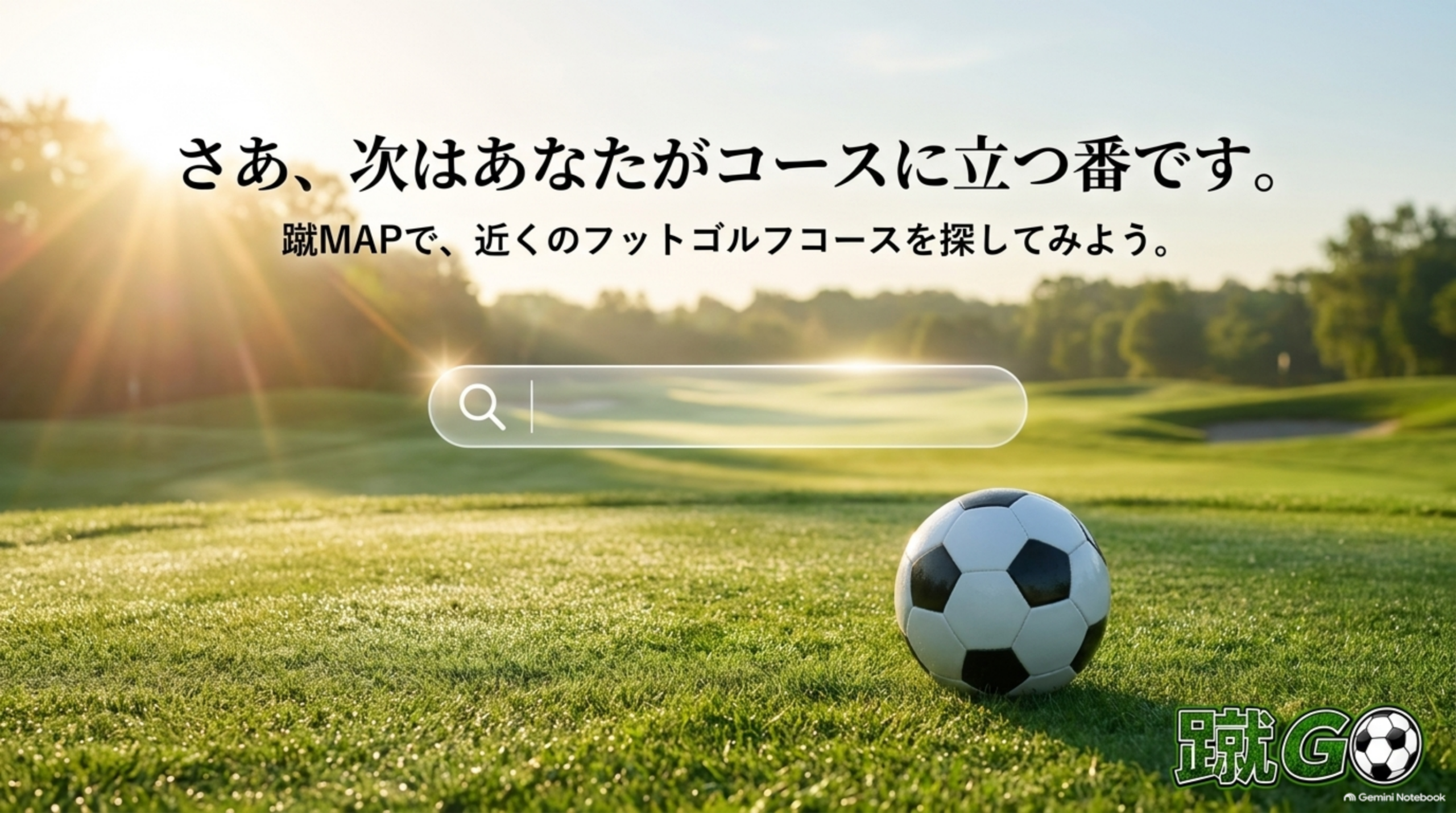 朝日の差す芝生のコースとサッカーボール。さあ、次はあなたがコースに立つ番です。蹴MAPで近くのフットゴルフコースを探してみよう