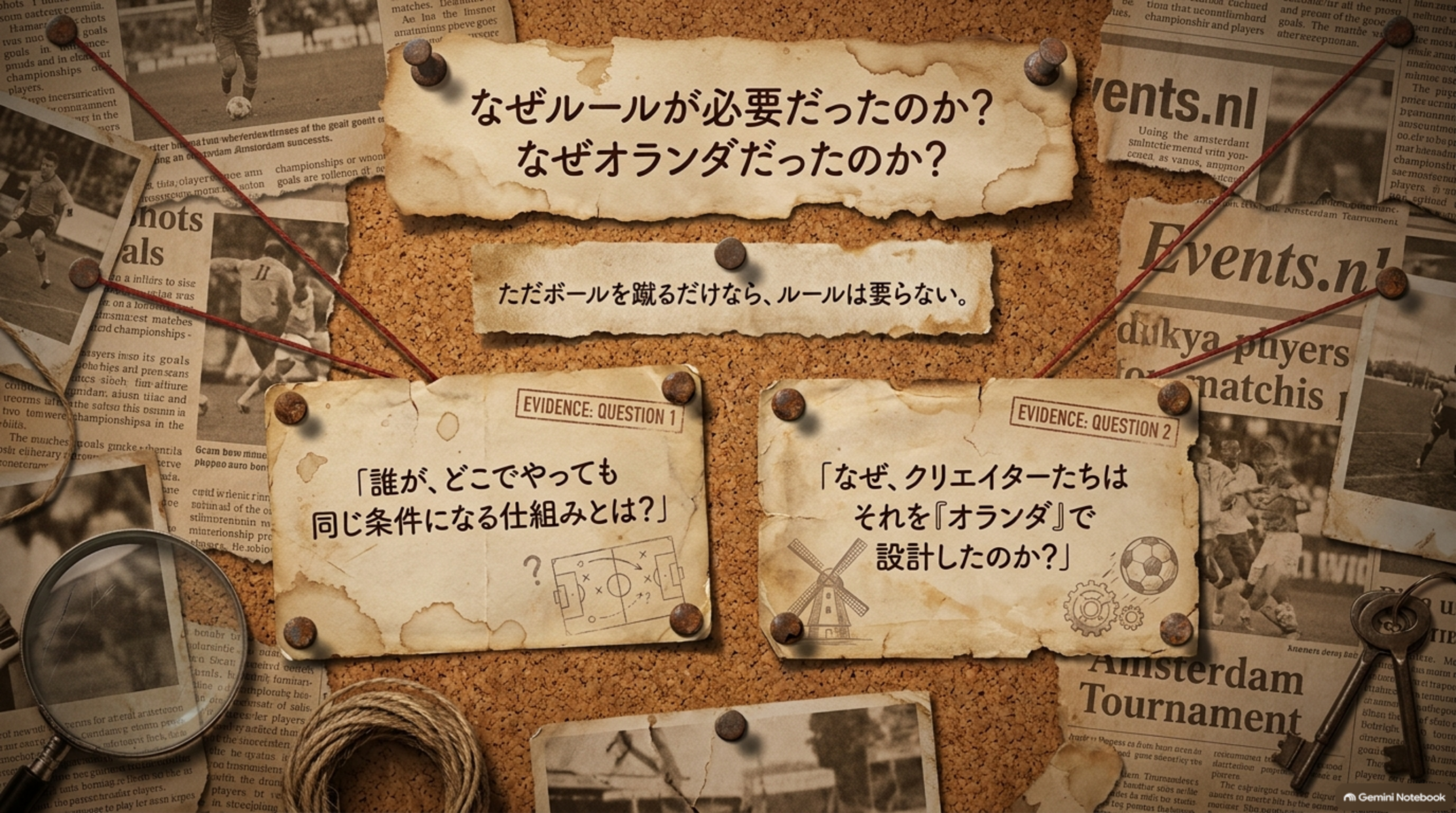なぜルールが必要だったのか、なぜオランダだったのか。2つの問いを資料ボードに貼り出したイメージ