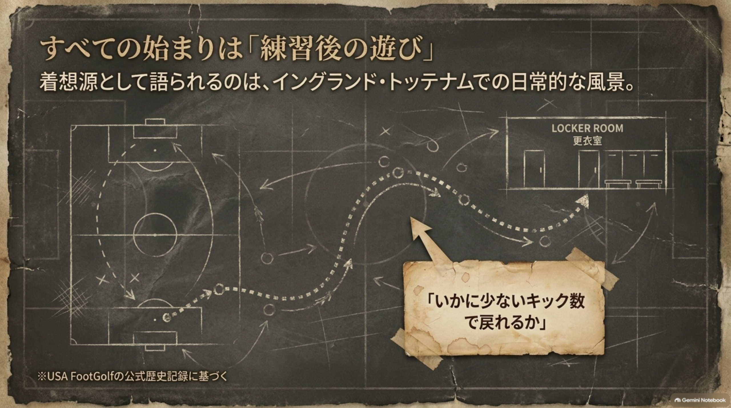 練習ピッチから更衣室まで、少ないキック数でボールを運ぶ遊びを黒板の図で表した再現イメージ