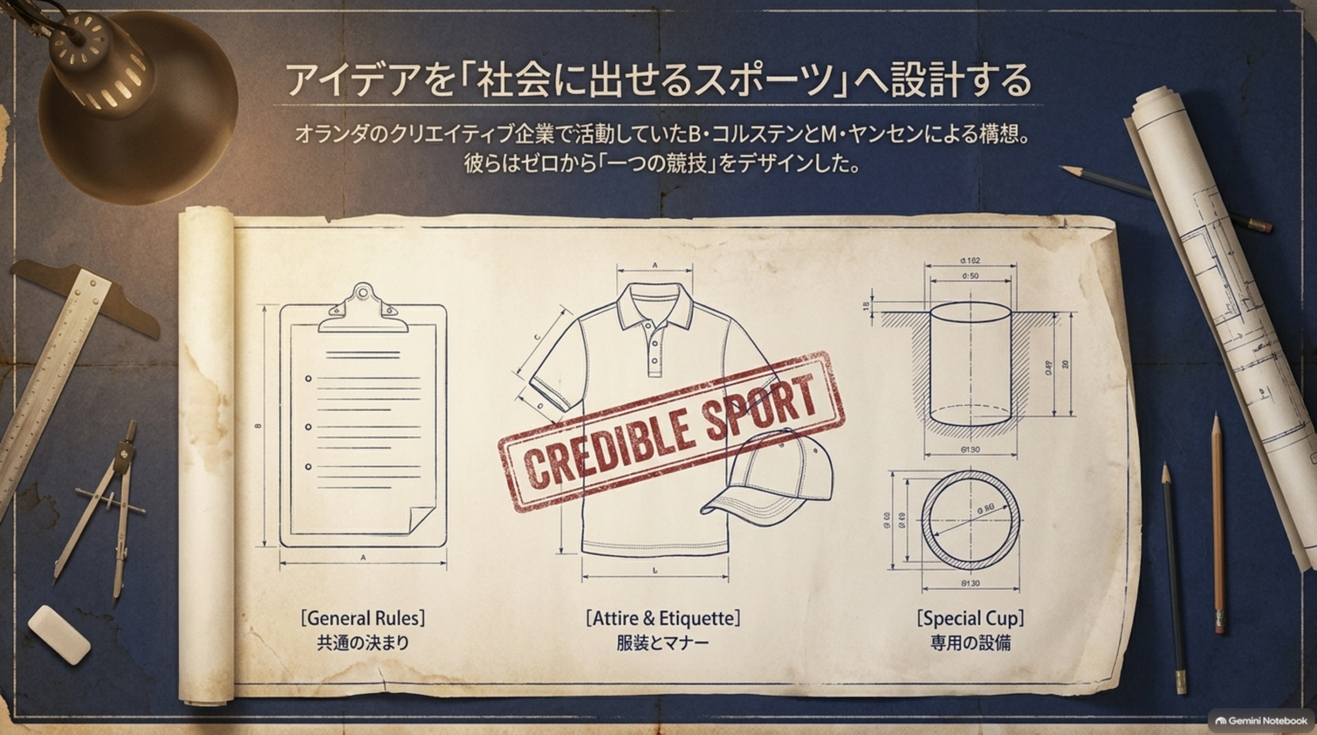 共通の決まり、服装とマナー、専用の設備を一枚の設計図に描いたイメージ。中央に「CREDIBLE SPORT」の文字