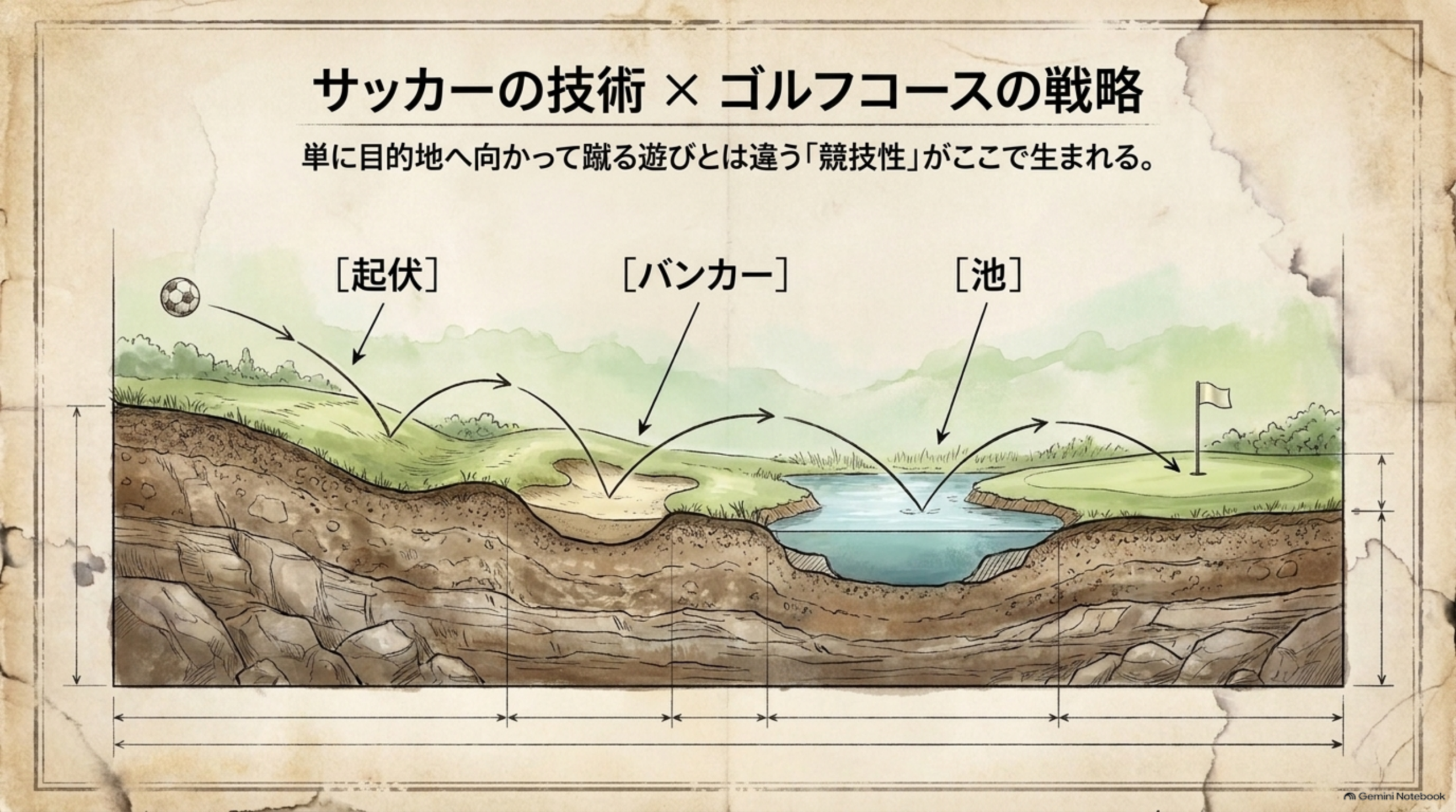起伏、バンカー、池を越えてグリーンへ向かうボールの軌道を描いたコース断面の図解イメージ