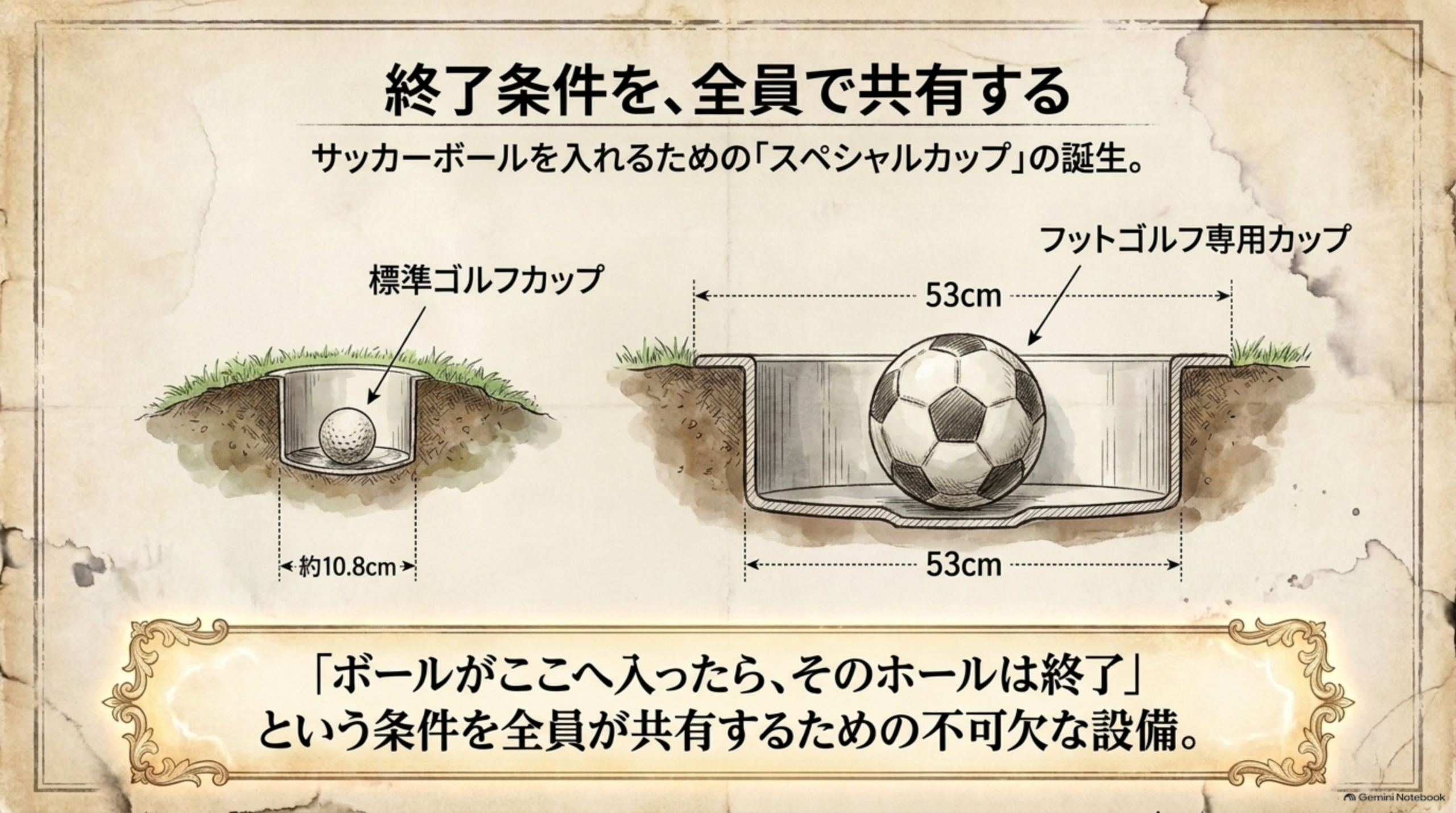 通常のゴルフカップと、サッカーボールが入るフットゴルフ専用カップ（53cm）を並べた図解イメージ