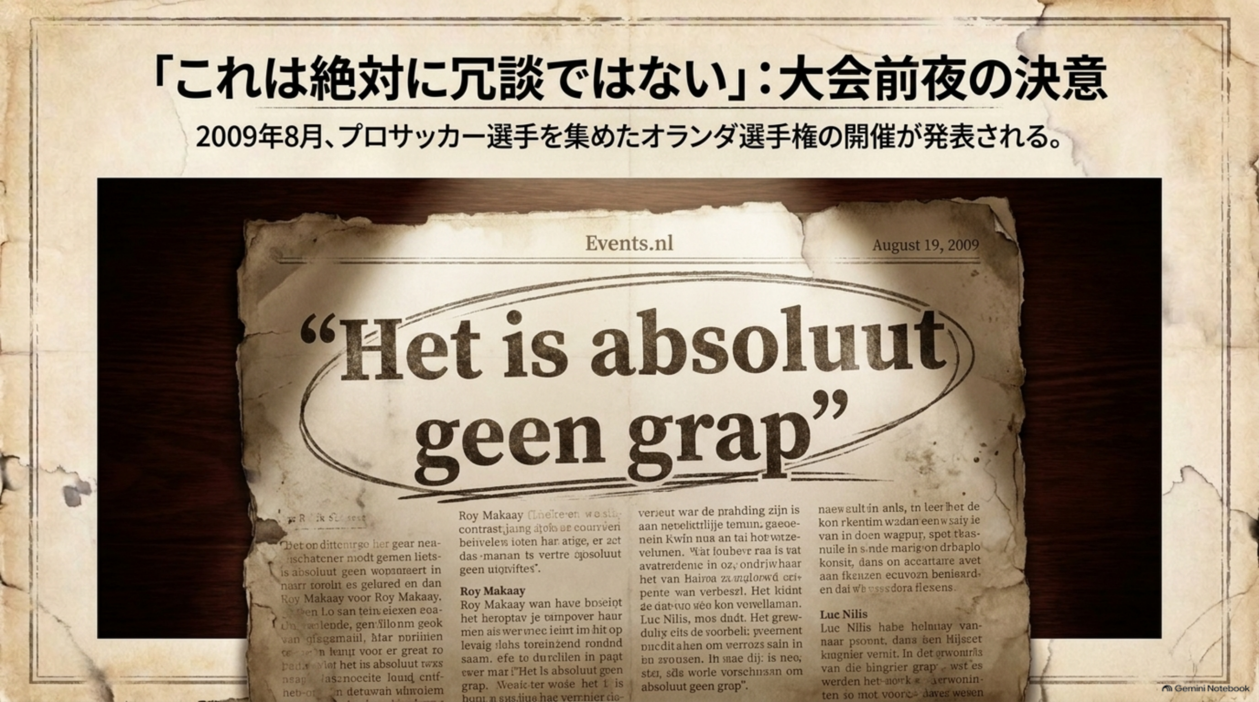 2009年8月19日のEvents.nlの記事にある発言「Het is absoluut geen grap」を新聞の切り抜き風に表現した資料イメージ