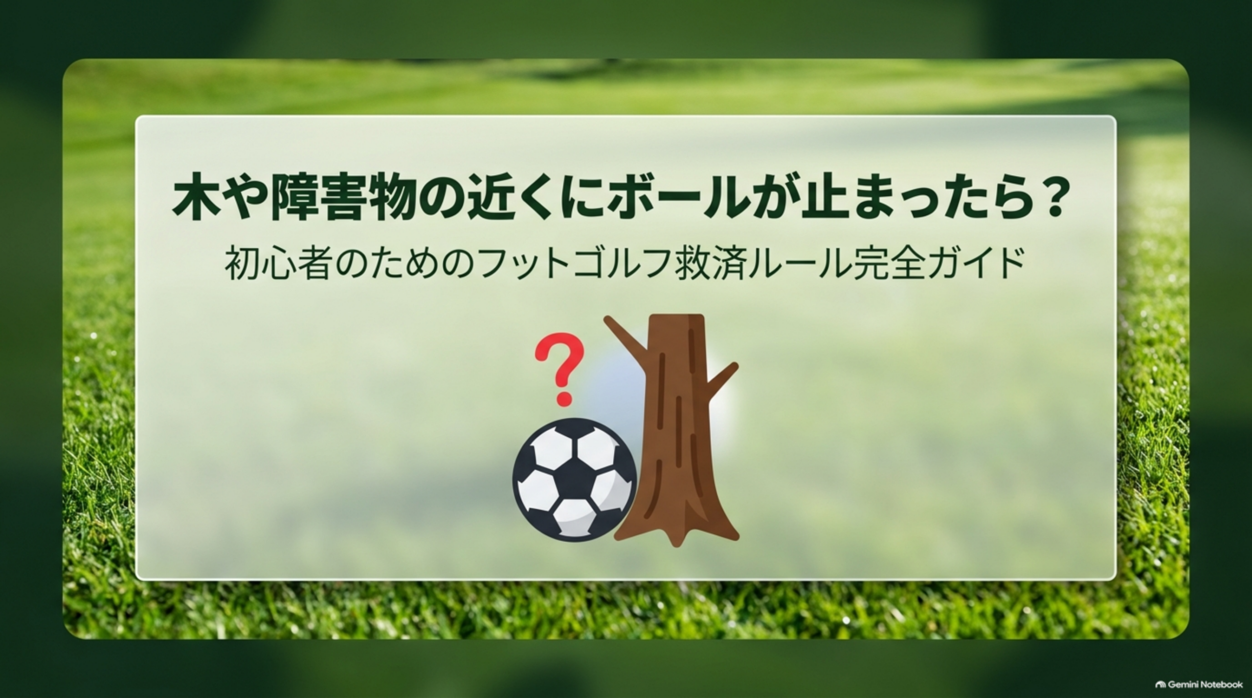 木や障害物の近くにボールが止まったら？初心者のためのフットゴルフ救済ルール完全ガイド。木の近くに止まったサッカーボールのイメージ