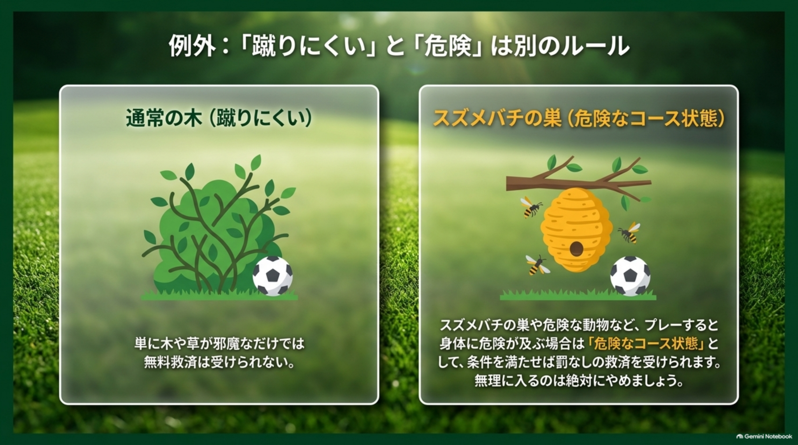 例外：「蹴りにくい」と「危険」は別のルール。通常の木は無料救済なし、スズメバチの巣など危険なコース状態は条件を満たせば罰なしの救済、という比較図解