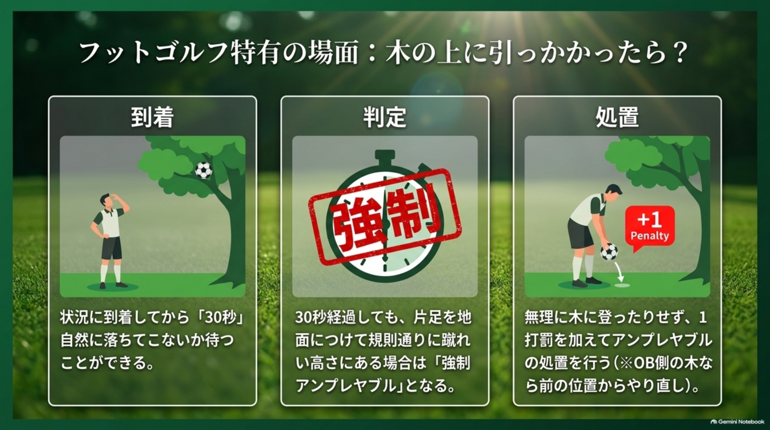 木の上に引っかかったら？到着してから30秒待って自然に落ちてこないか確認し、片足を地面につけて規則通りに蹴れない高さなら強制アンプレヤブルになることを示す図解