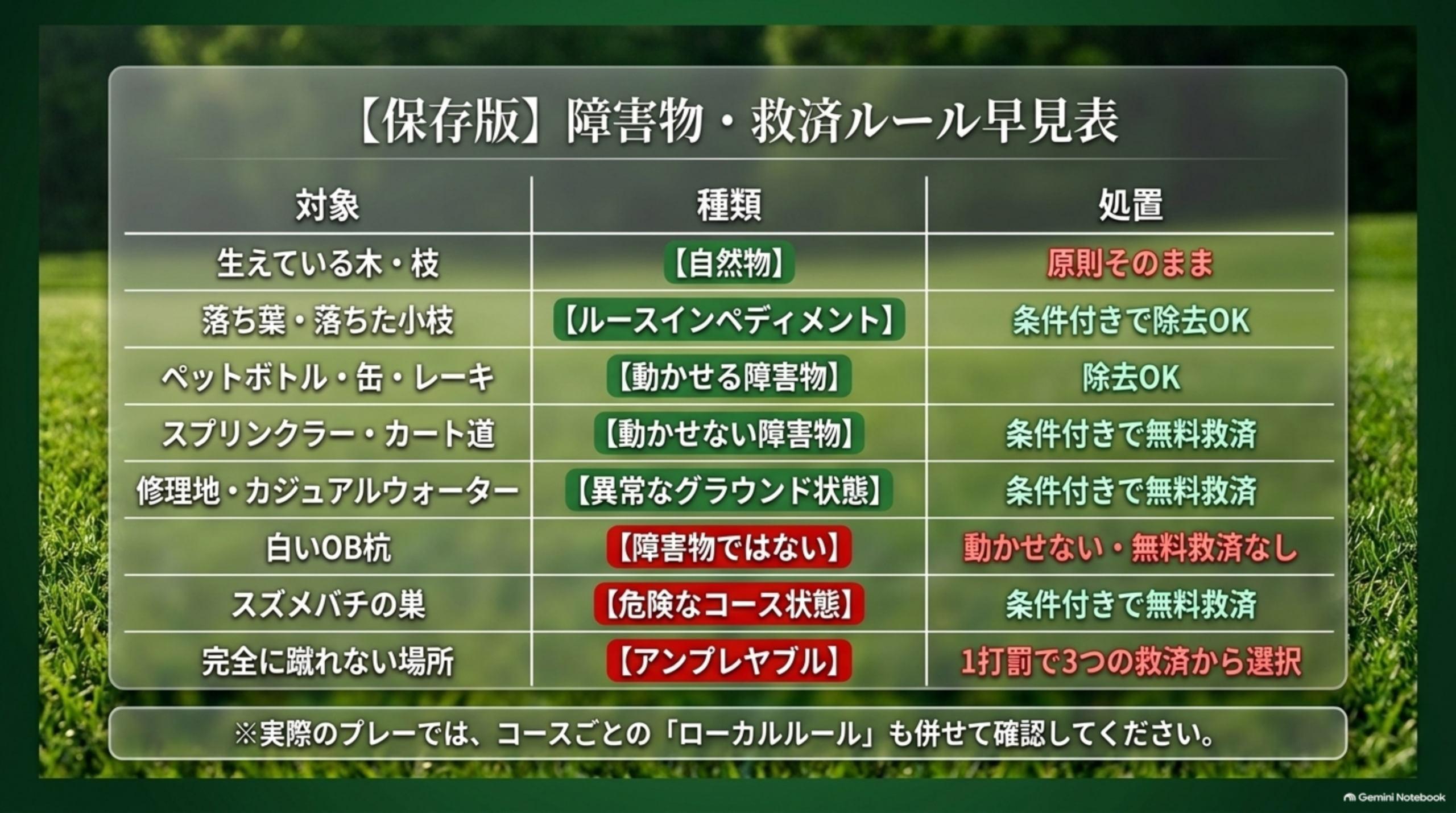 【保存版】障害物・救済ルール早見表。対象・種類・処置をまとめた8行の比較表画像