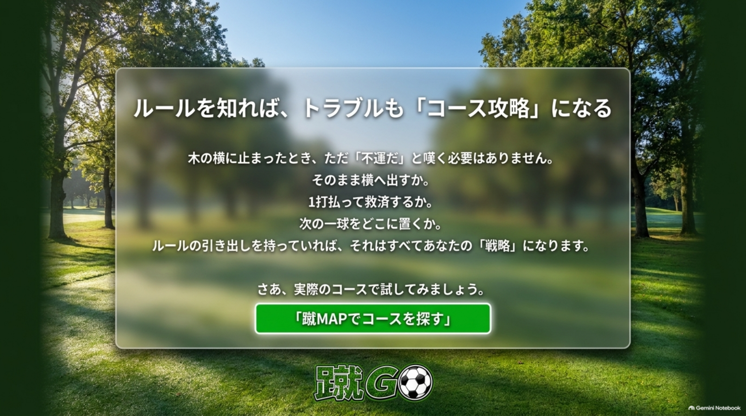 ルールを知れば、トラブルも「コース攻略」になる。蹴MAPでコースを探してプレーしてみようというCTA画像