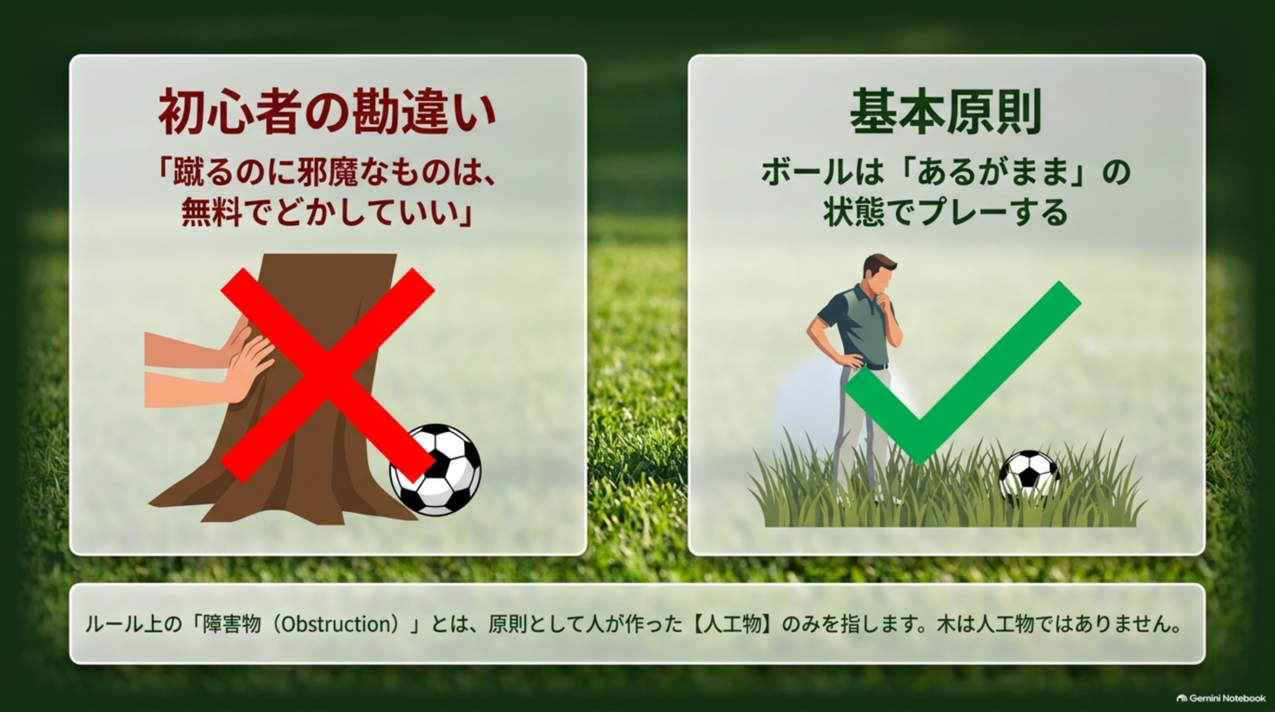 初心者の勘違い：蹴るのに邪魔なものは無料でどかしていい、は誤り。基本原則：ボールはあるがままプレーする。障害物（Obstruction）は原則人工物のみで、木は人工物ではない、という図解