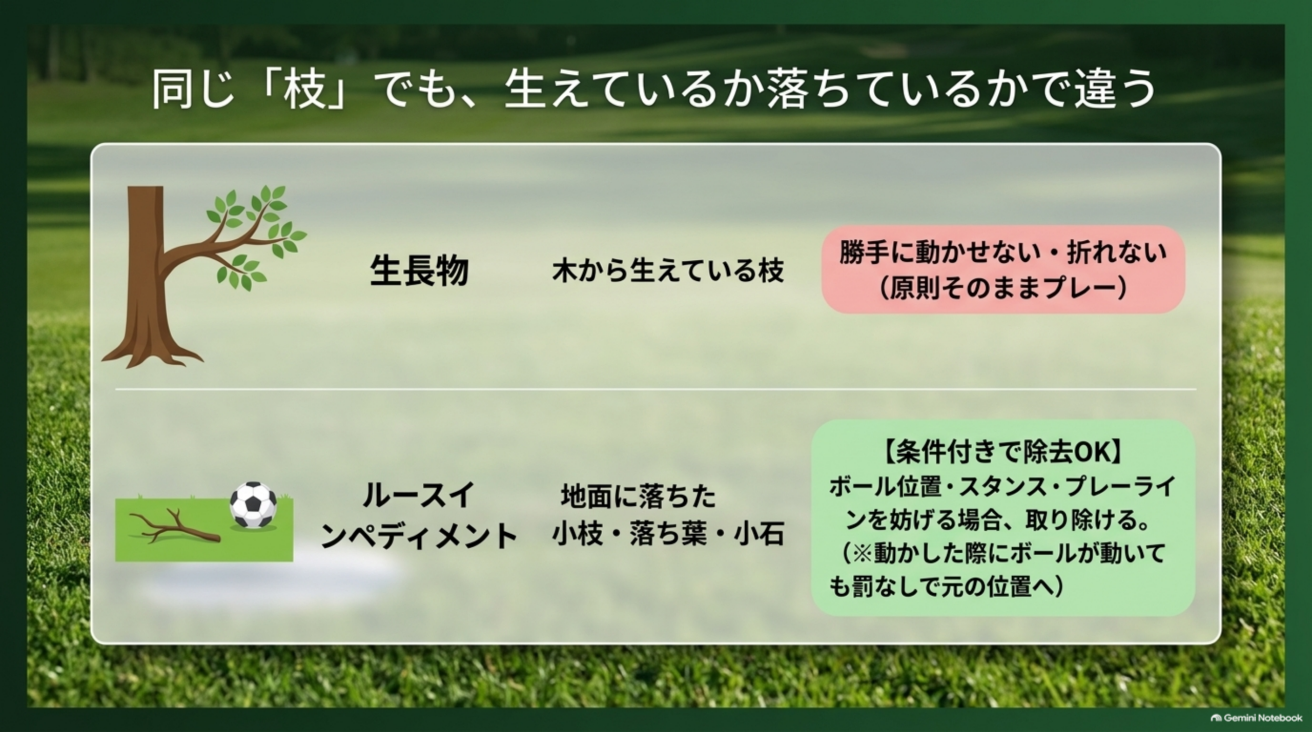 同じ「枝」でも、生えている（自然物・勝手に動かせない）か、落ちている（ルースインペディメント・条件付きで除去OK）かで扱いが違うことを示す比較図解
