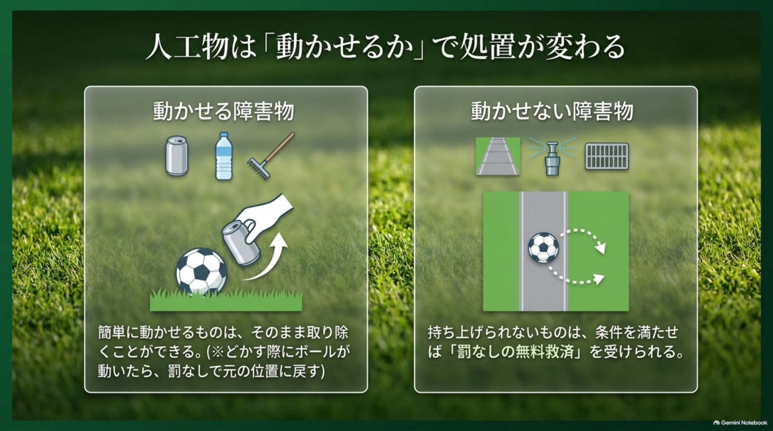人工物は動かせるかどうかで処置が変わる。動かせる障害物はそのまま取り除ける、動かせない障害物は条件を満たせば罰なしの無料救済を受けられる、という比較図解