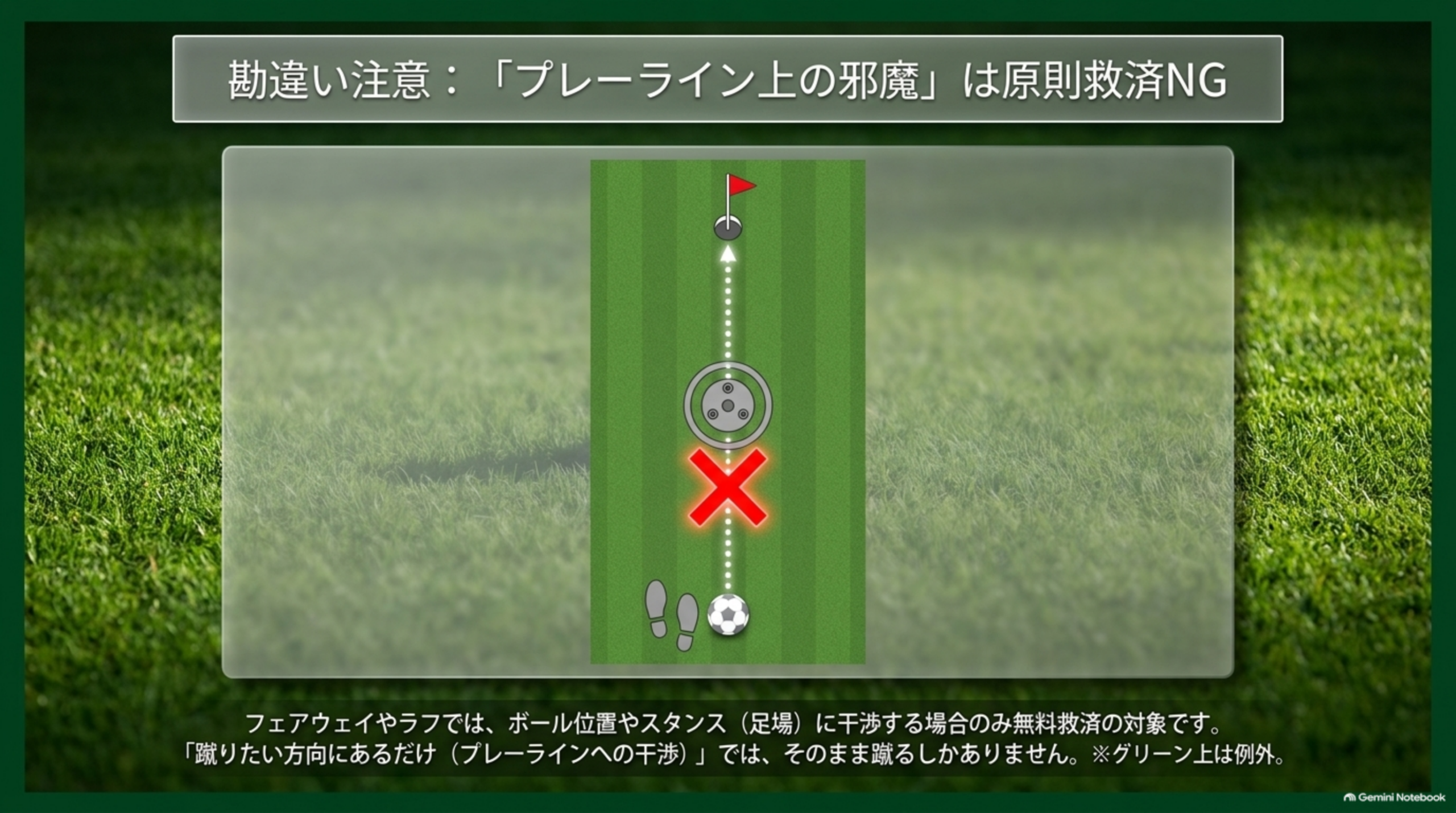 勘違い注意：プレーライン上の邪魔は原則救済NG。フェアウェイやラフでは、ボール位置やスタンスへの干渉のみが無料救済の対象であることを示す図解