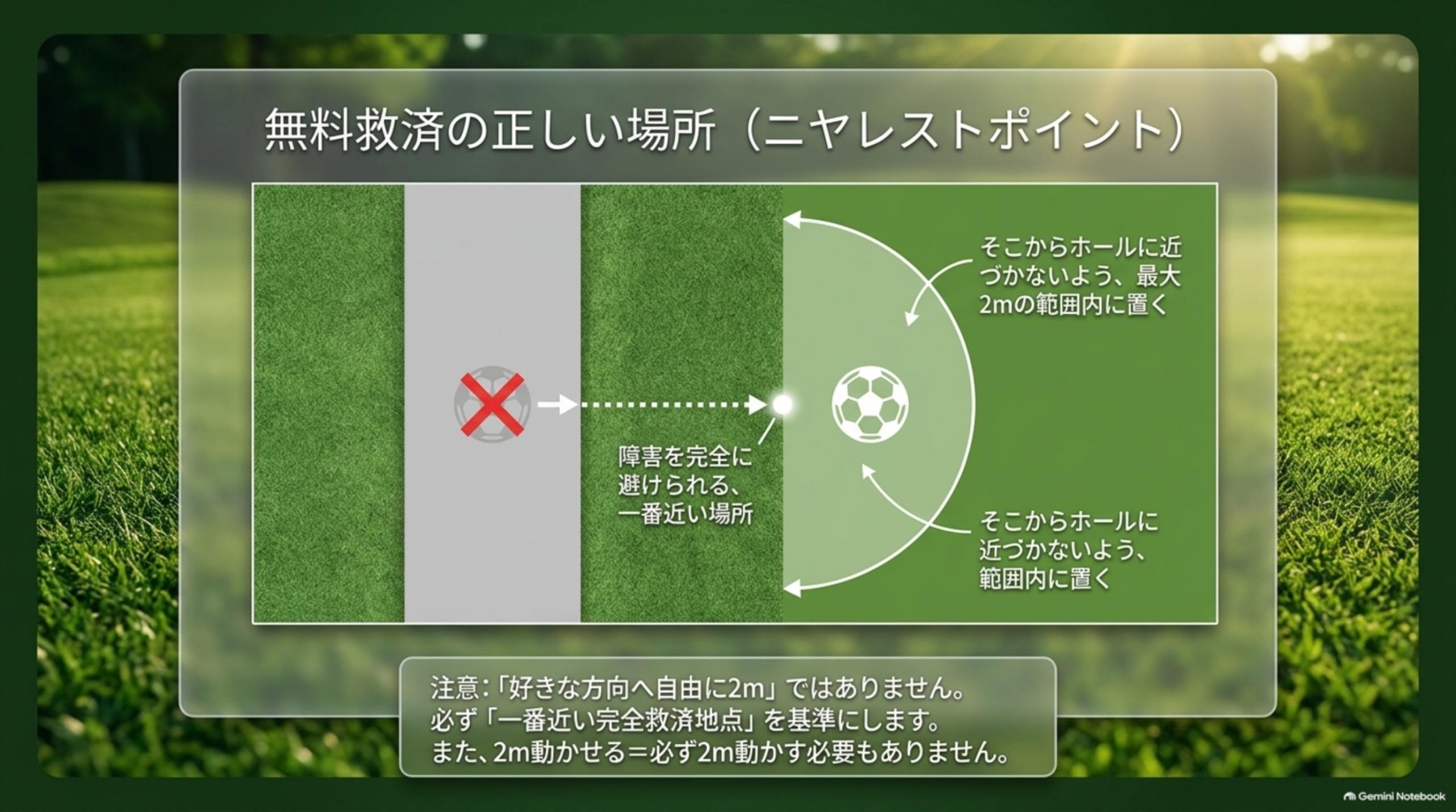 無料救済の正しい場所（ニヤレストポイント）の図解。障害を完全に避けられる一番近い場所を基準に、ホールに近づかないよう最大2mの範囲内にボールを置くことを示す説明