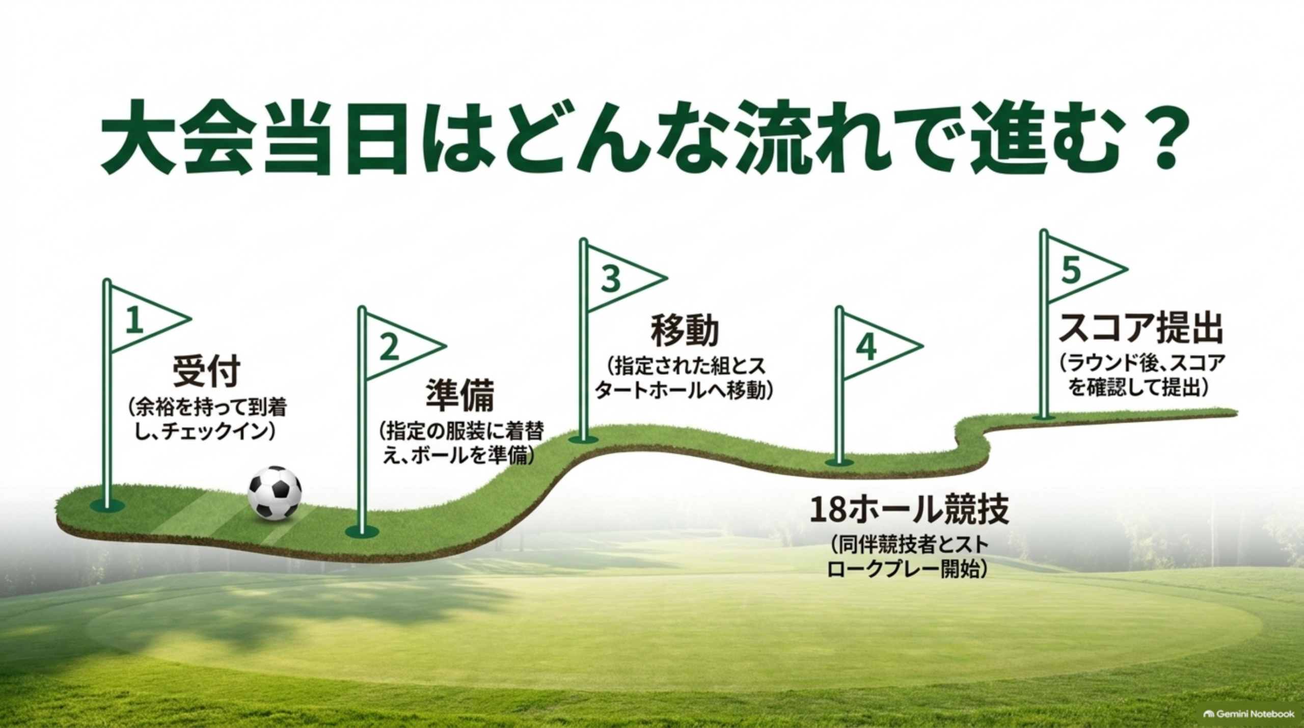 大会当日の流れ。受付、準備、指定された組とスタートホールへ移動、18ホール競技、スコア提出