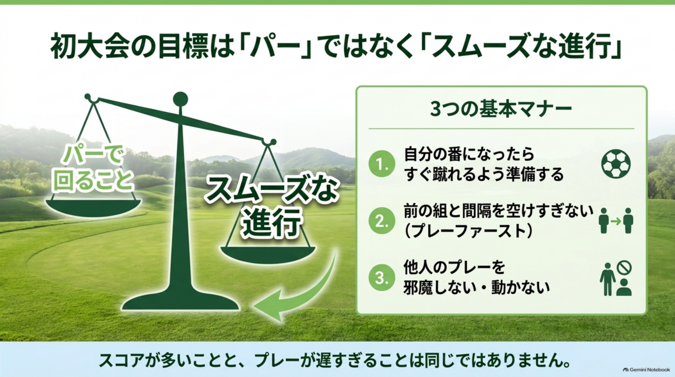 初大会で意識したいのは、パーで回ることよりスムーズな進行。自分の番になったらすぐ蹴れるよう準備する、前の組と間隔を空けすぎない、他人のプレーを邪魔しない