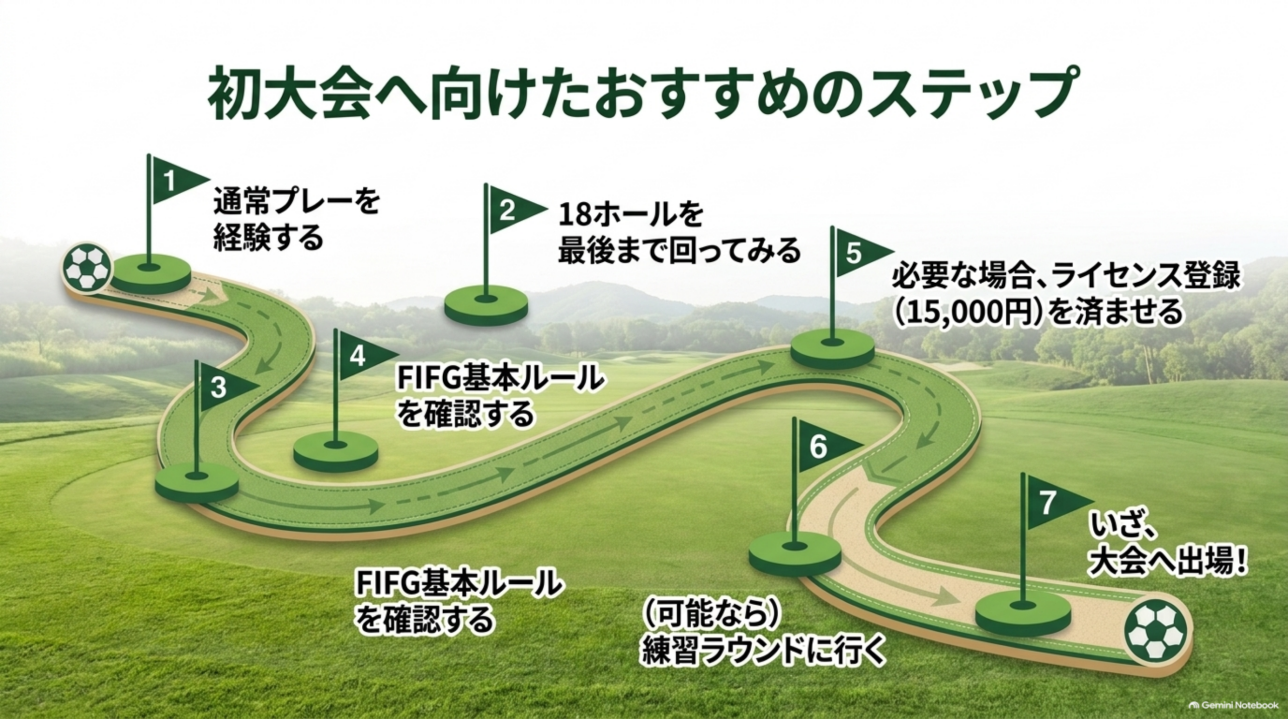 初大会へ向けたステップを、コース上の7本の旗で表した図