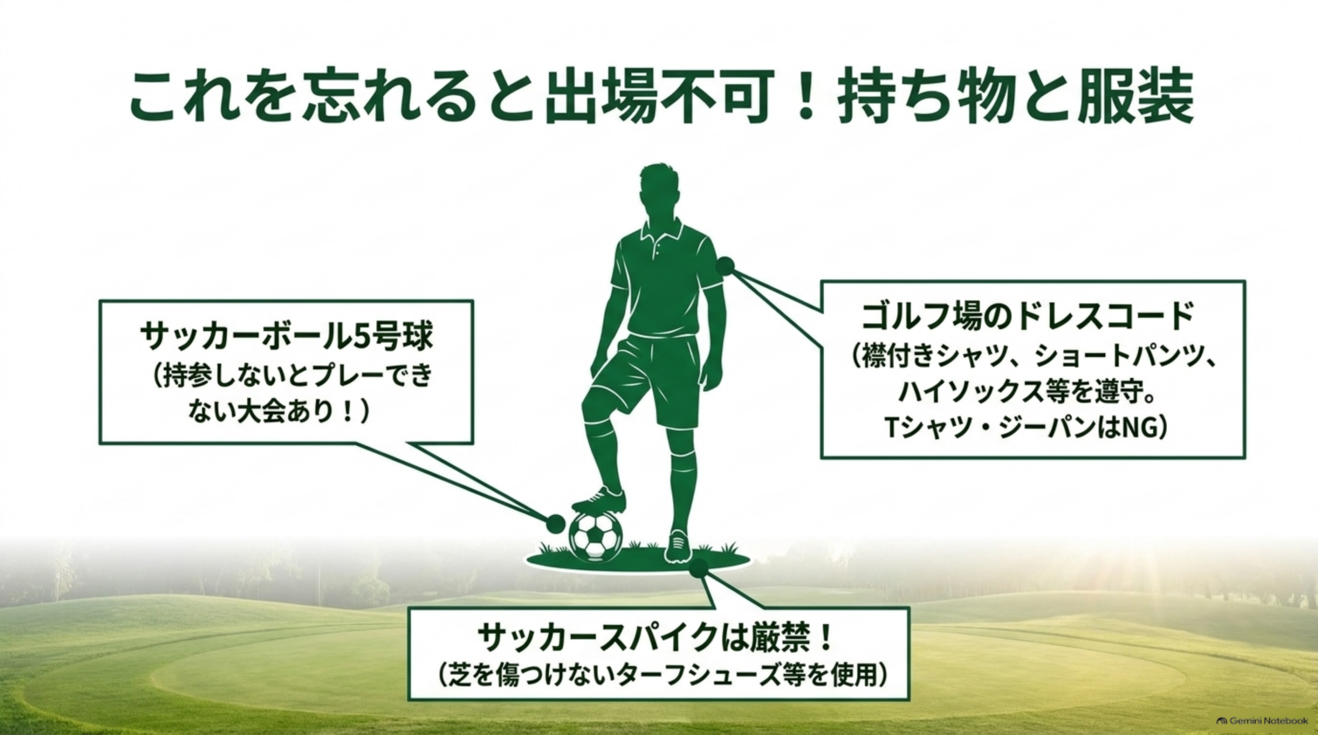 持ち物と服装。サッカーボール5号球（持参しないとプレーできない大会あり）、ゴルフ場のドレスコード（襟付きシャツ、ショートパンツ、ハイソックス等）、サッカースパイクは不可