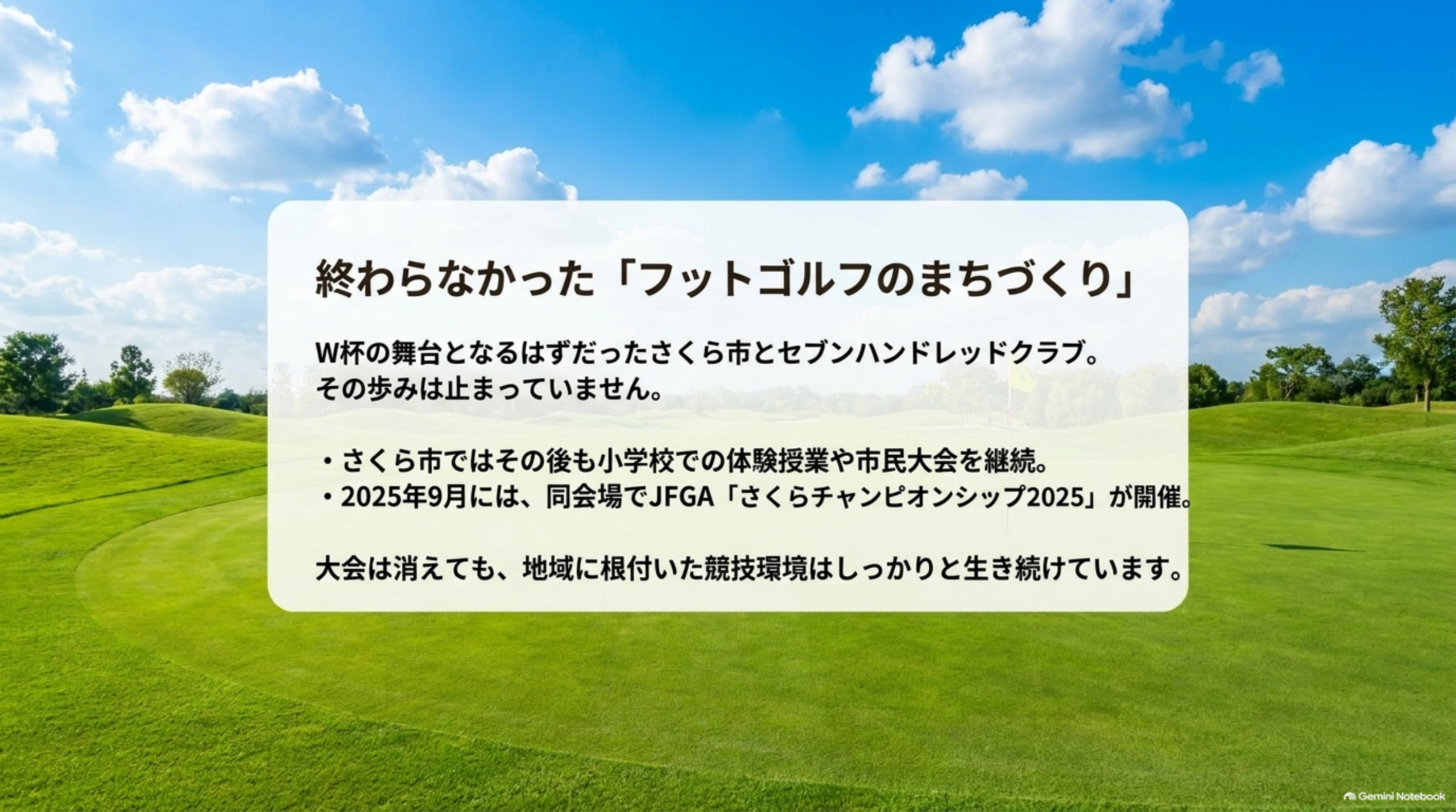 青空の下の芝生のコース。さくら市での体験授業や市民大会の継続と、2025年9月のさくらチャンピオンシップ2025開催を伝えるイメージ