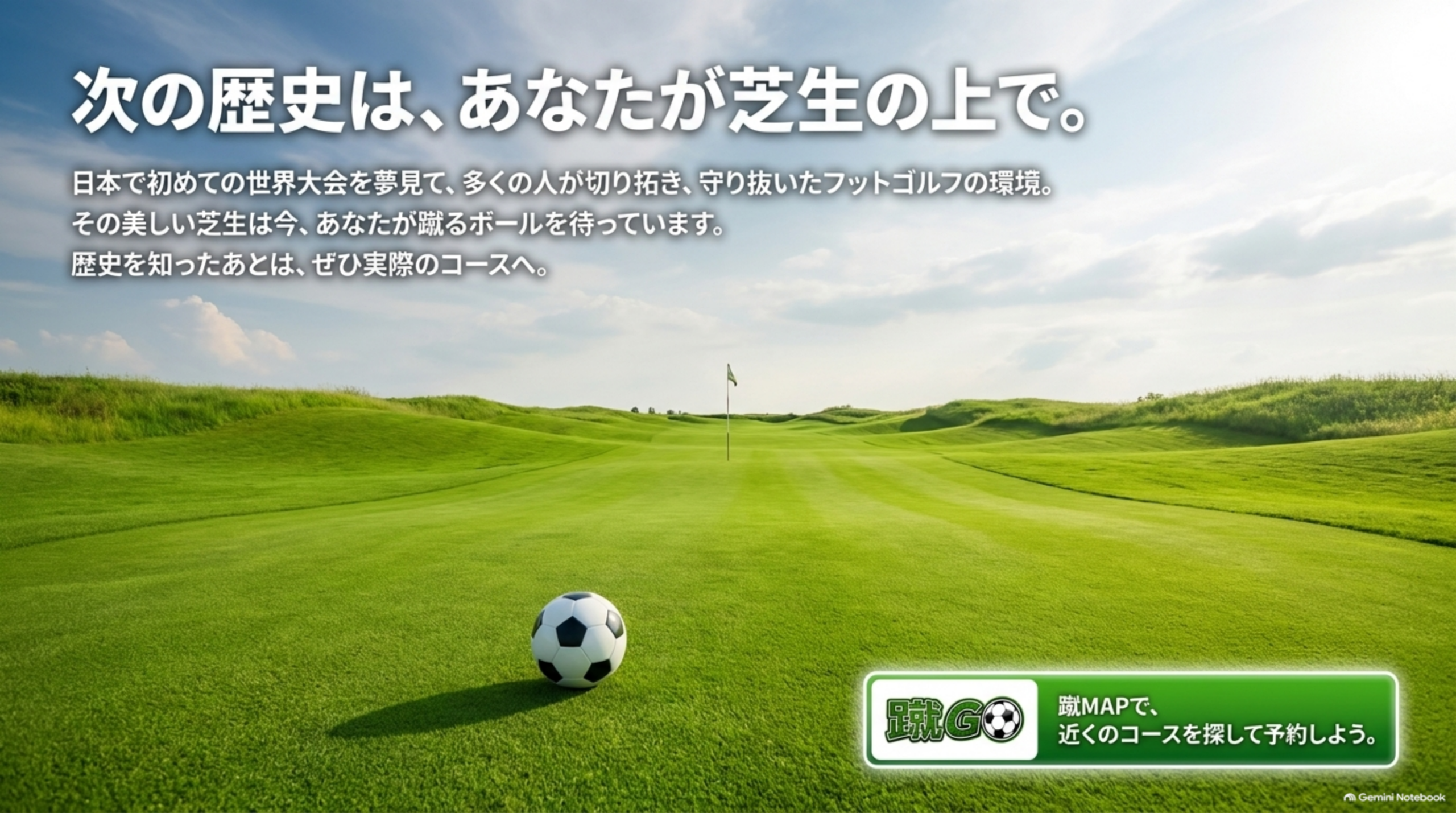 青空の下の芝生のコースとサッカーボール。次の歴史は、あなたが芝生の上で。蹴MAPで近くのコースを探そう