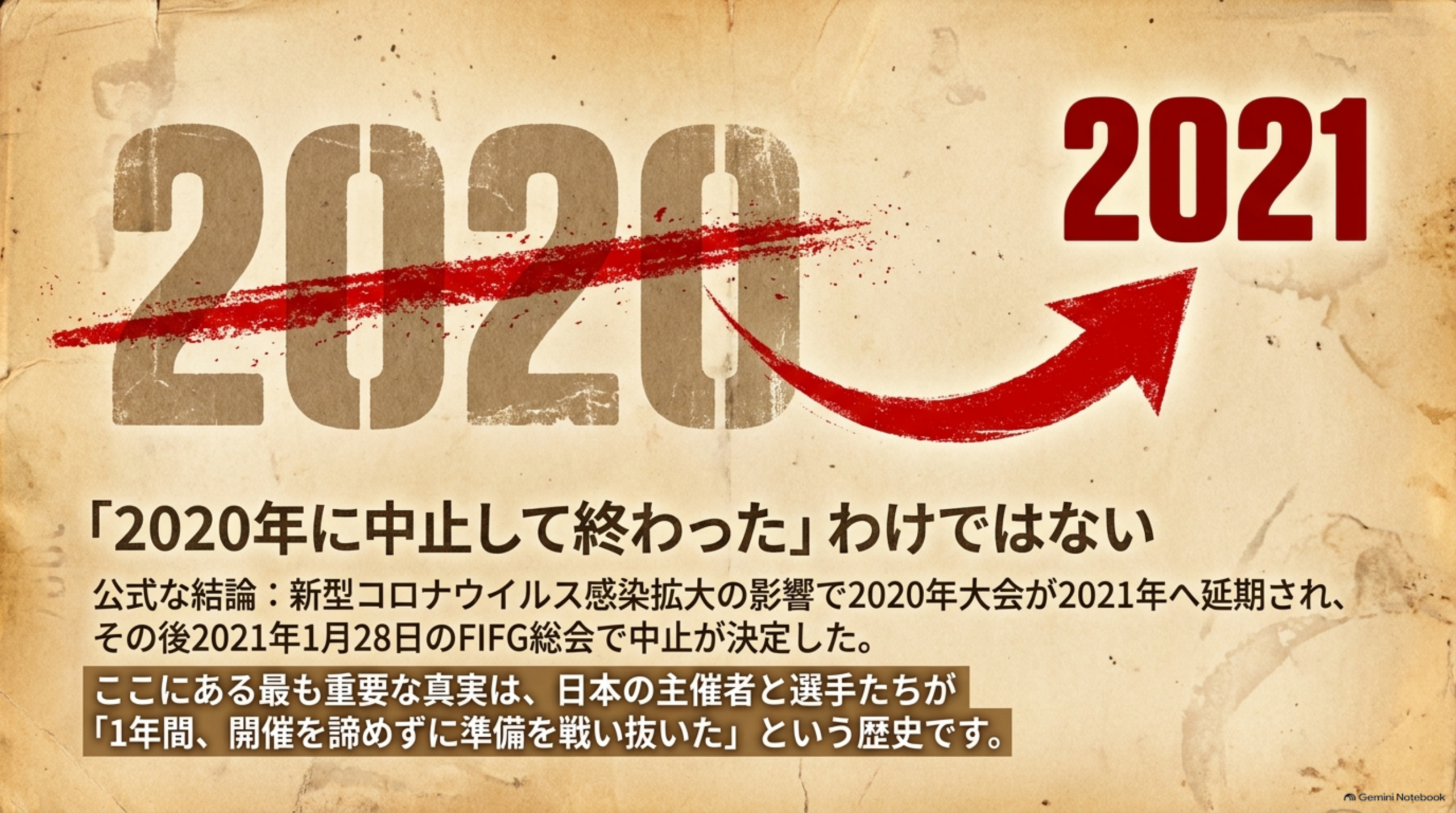 2020の文字に線が引かれ、矢印が2021へ向かう図。「2020年に中止して終わった」わけではないことを示すイメージ