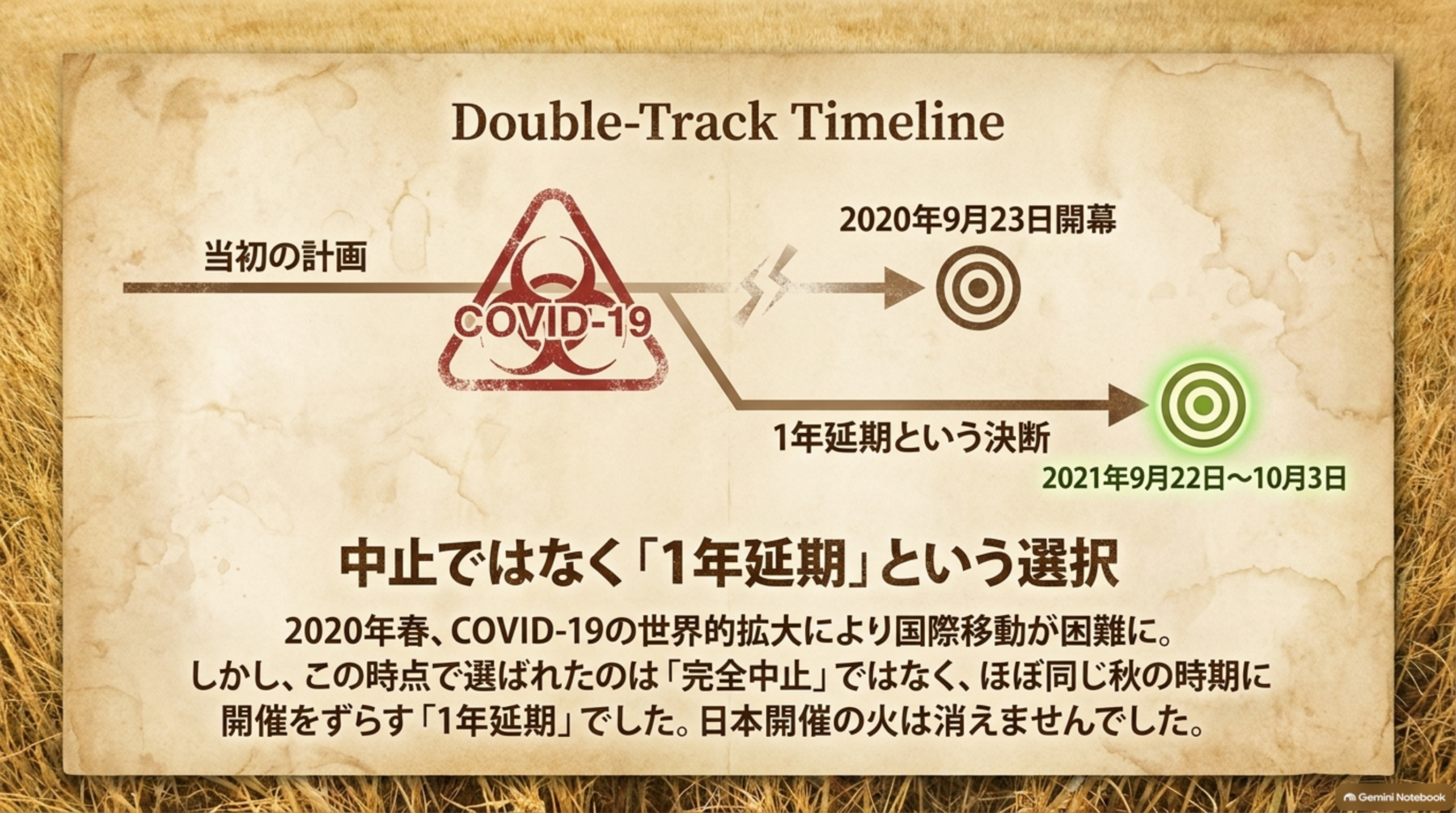 当初の計画（2020年9月23日開幕）と、1年延期後の計画（2021年9月22日〜10月3日）を2本の線で示した図解イメージ