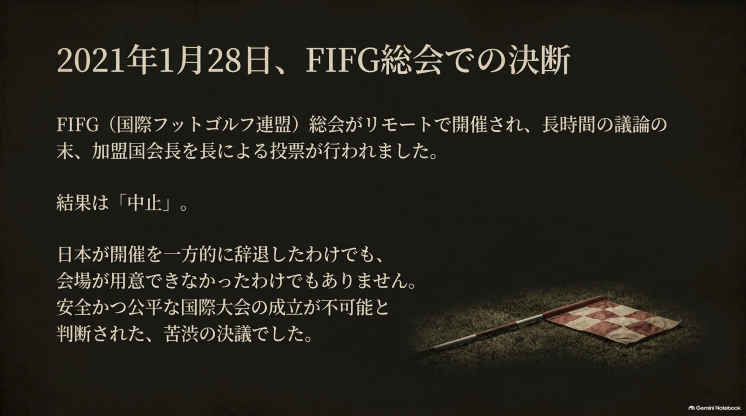 2021年1月28日、FIFG総会での決定を、暗い芝生に置かれた旗で表したイメージ