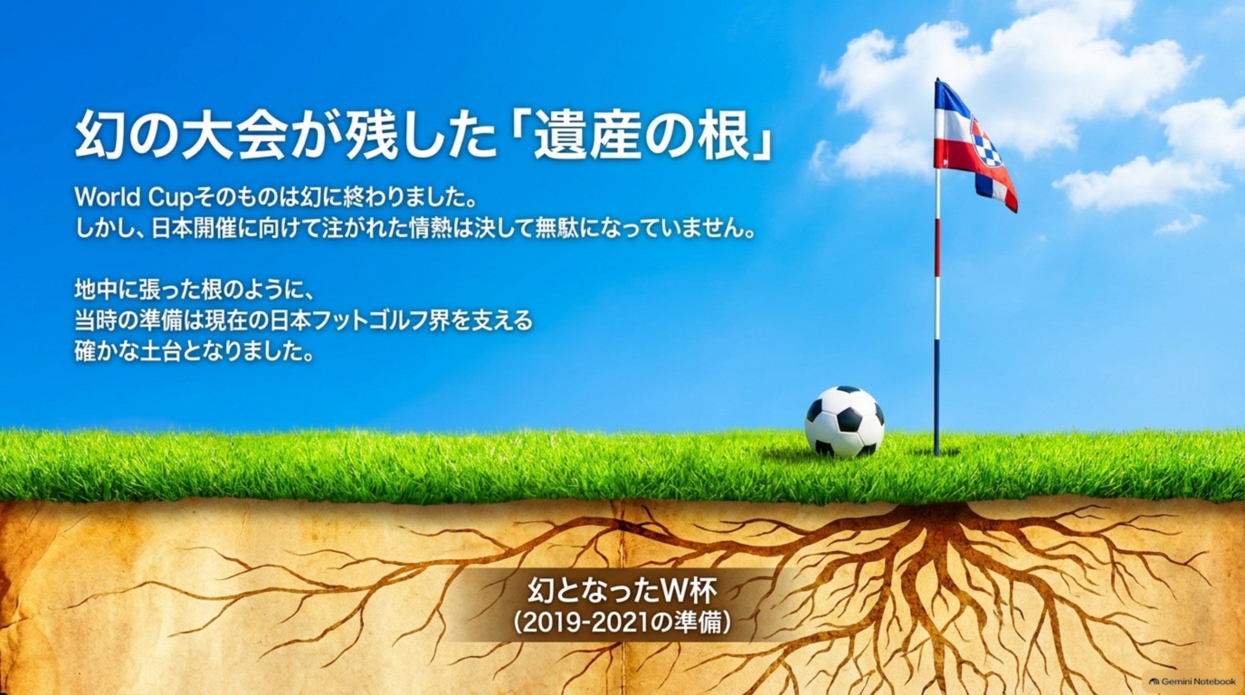 芝生の下に根が広がる断面図。幻となったW杯に向けた2019〜2021年の準備が、その後へ残ったことを表したイメージ