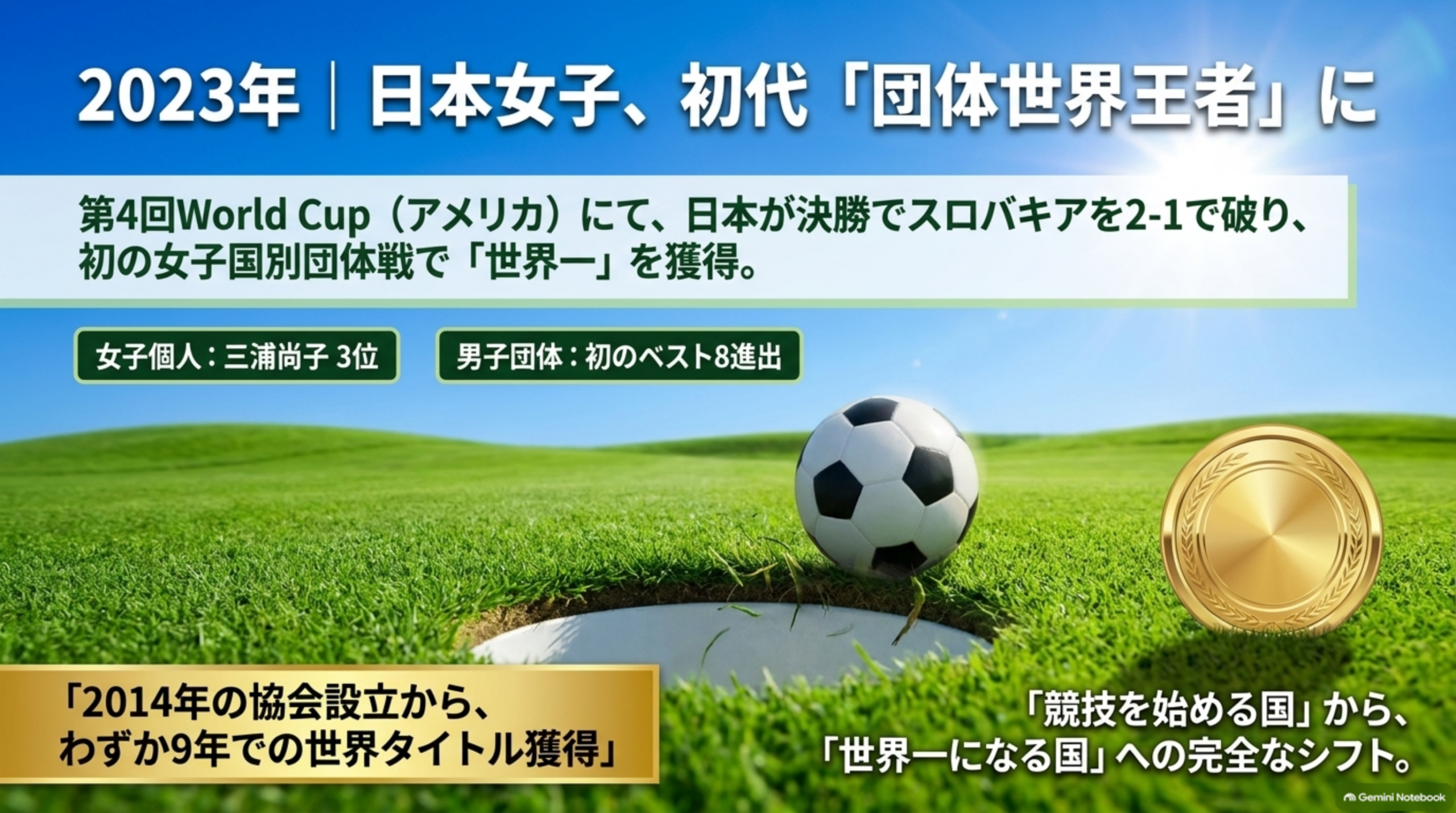 2023年、日本女子が初代の女子団体世界王者に。第4回World Cupアメリカ大会の決勝でスロバキアを2-1で破る。女子個人で三浦尚子が3位、男子団体は初のベスト8