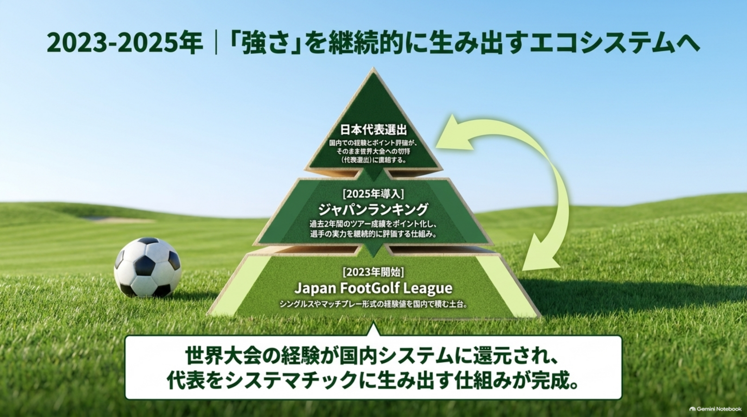 2023年から2025年。2023年開始のJapan FootGolf League、2025年導入のジャパンランキング、日本代表選出をつなぐ図