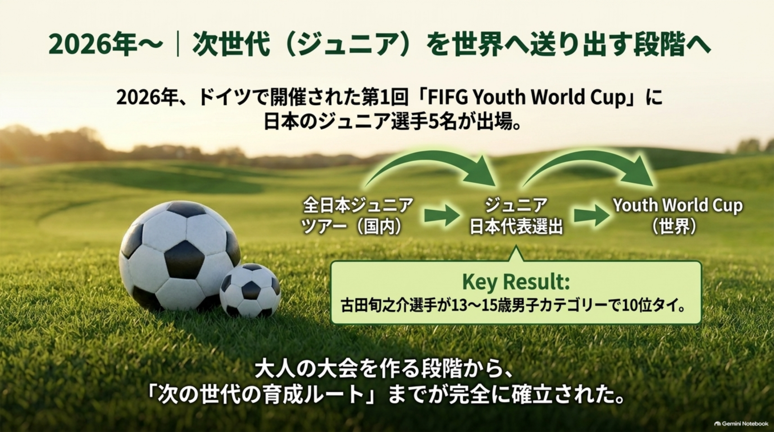 2026年、ドイツで開催された第1回FIFG Youth World Cupに日本のジュニア選手5名が出場。全日本ジュニアツアーからジュニア日本代表、Youth World Cupへの流れ。古田旬之介選手が13〜15歳男子カテゴリーで10位タイ
