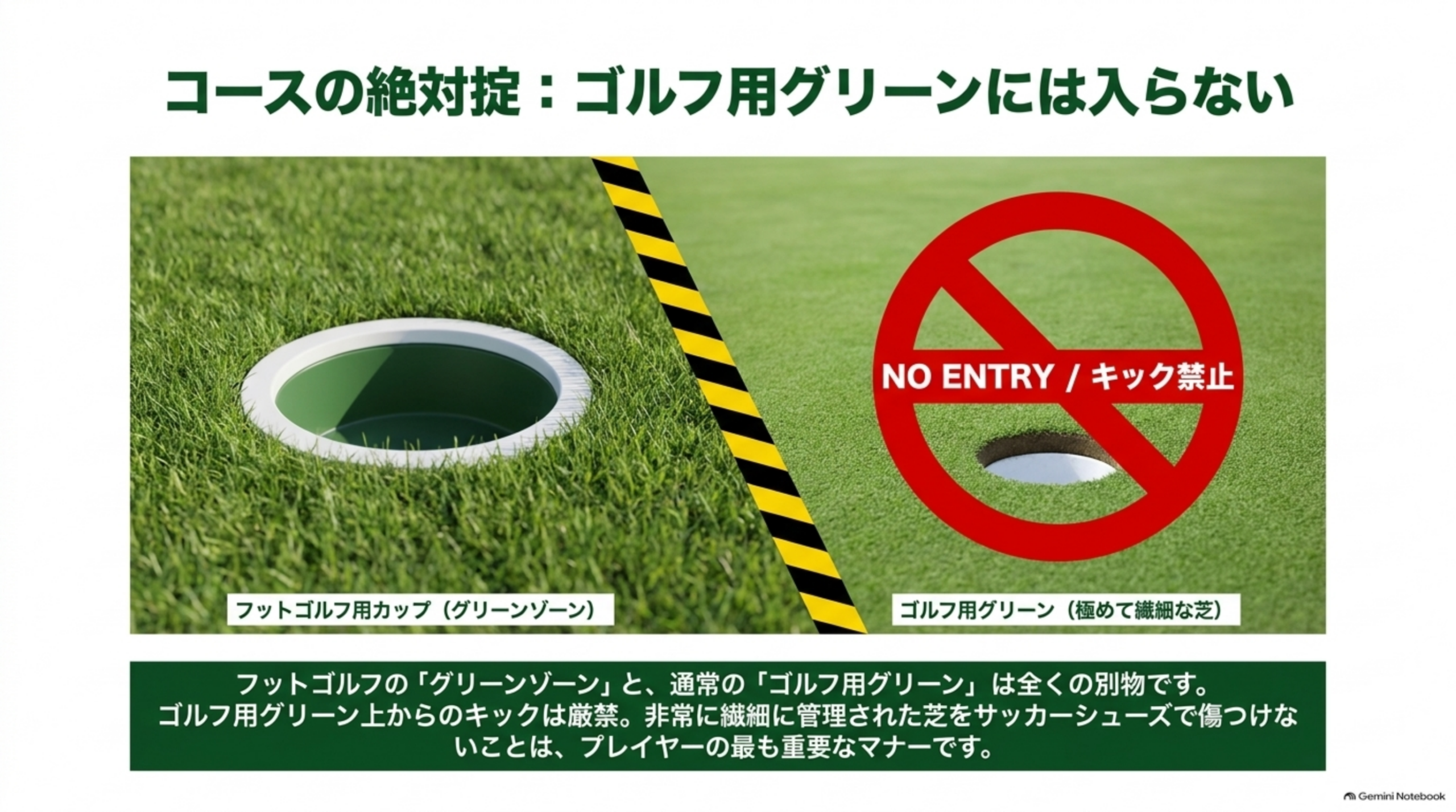 フットゴルフ用カップのあるグリーンゾーンと、キック禁止のマークが付いたゴルフ用グリーンを並べた図