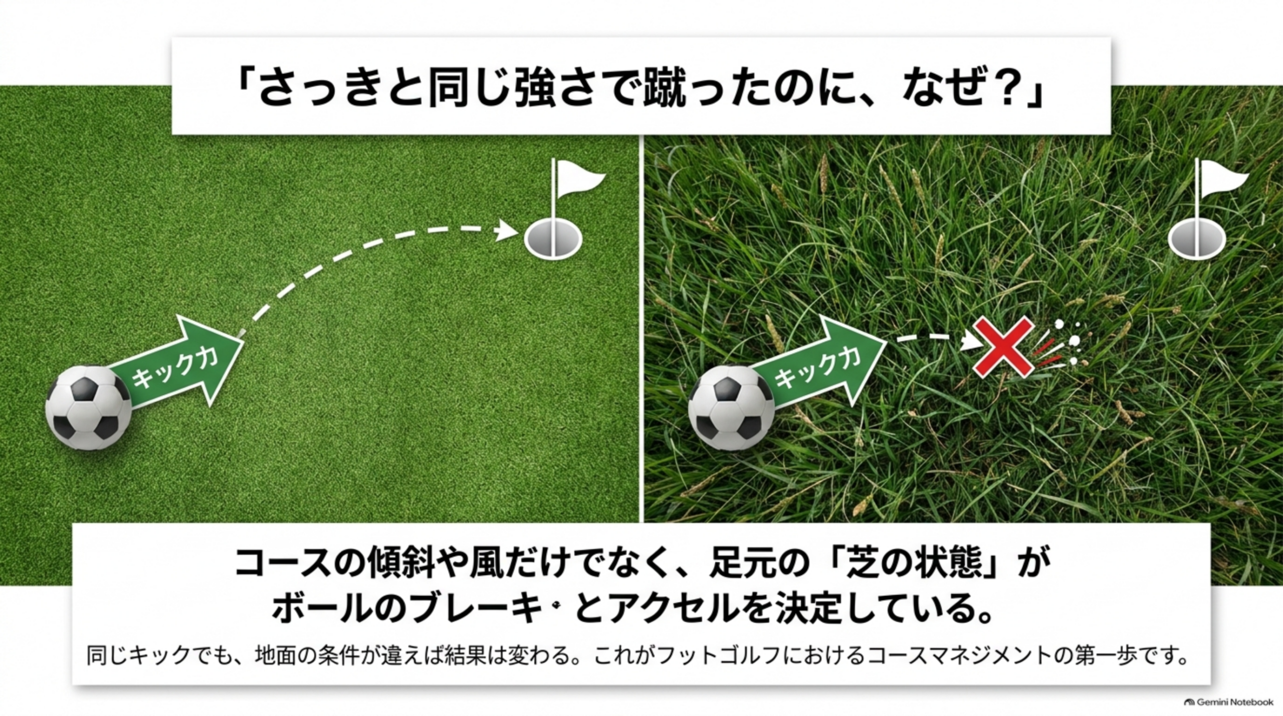 短い芝ではボールがカップへ届き、長い芝では途中で止まる様子を左右で比較した図