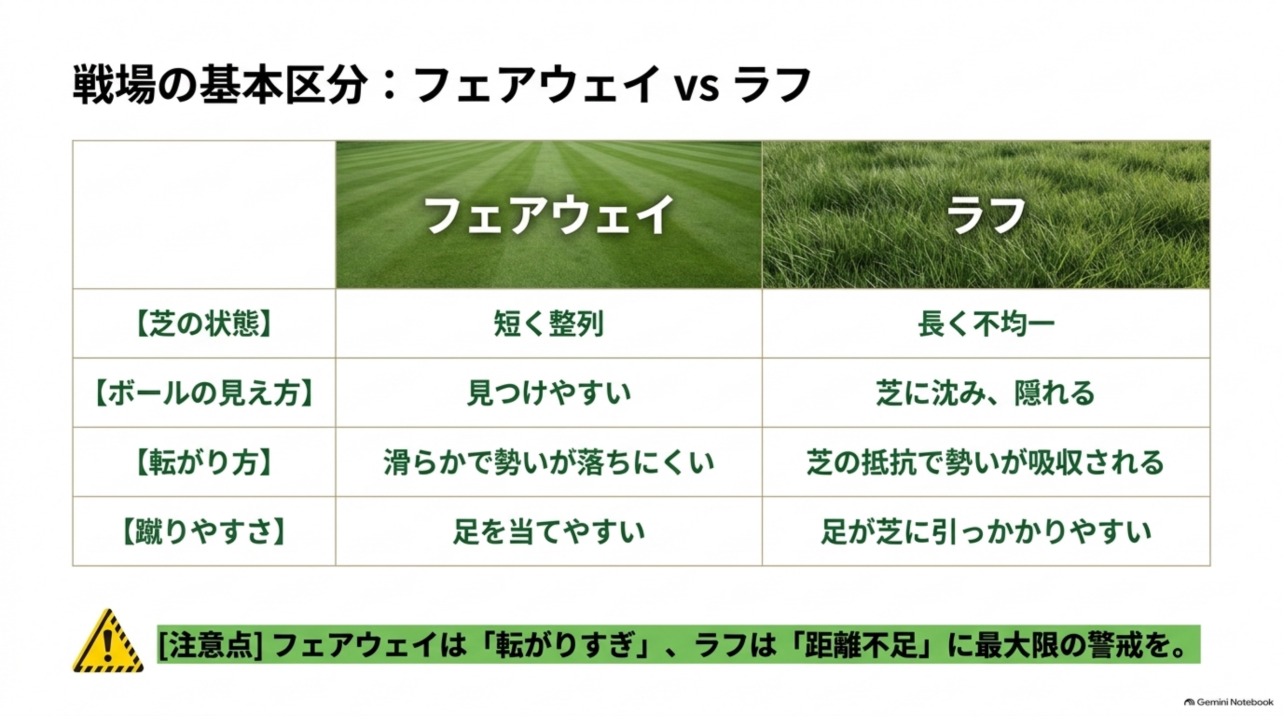 フェアウェイとラフの芝の状態・ボールの見え方・転がり方・蹴りやすさを比較した表