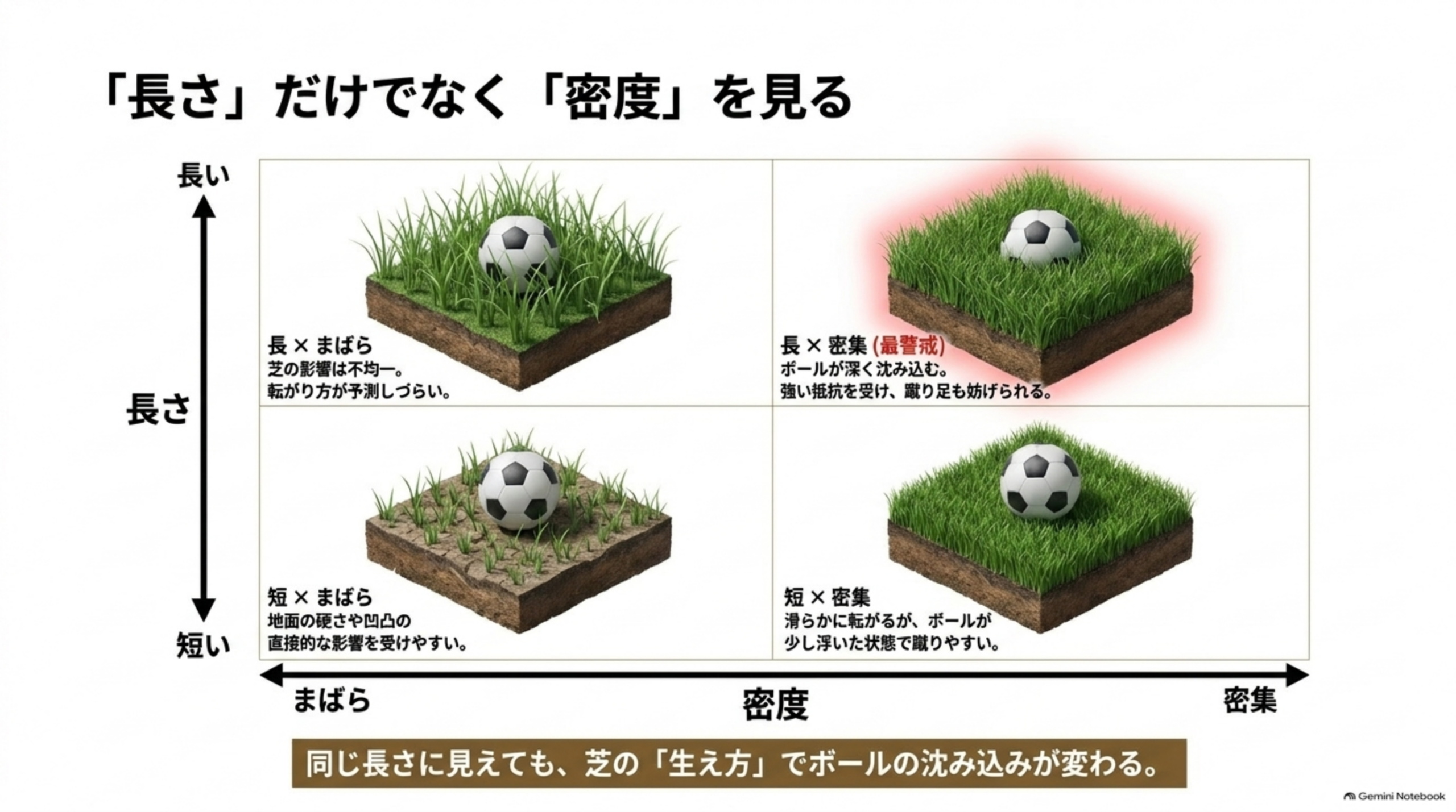 芝の長さと密度の組み合わせ4種類を、芝生の断面ブロックとサッカーボールで示した図