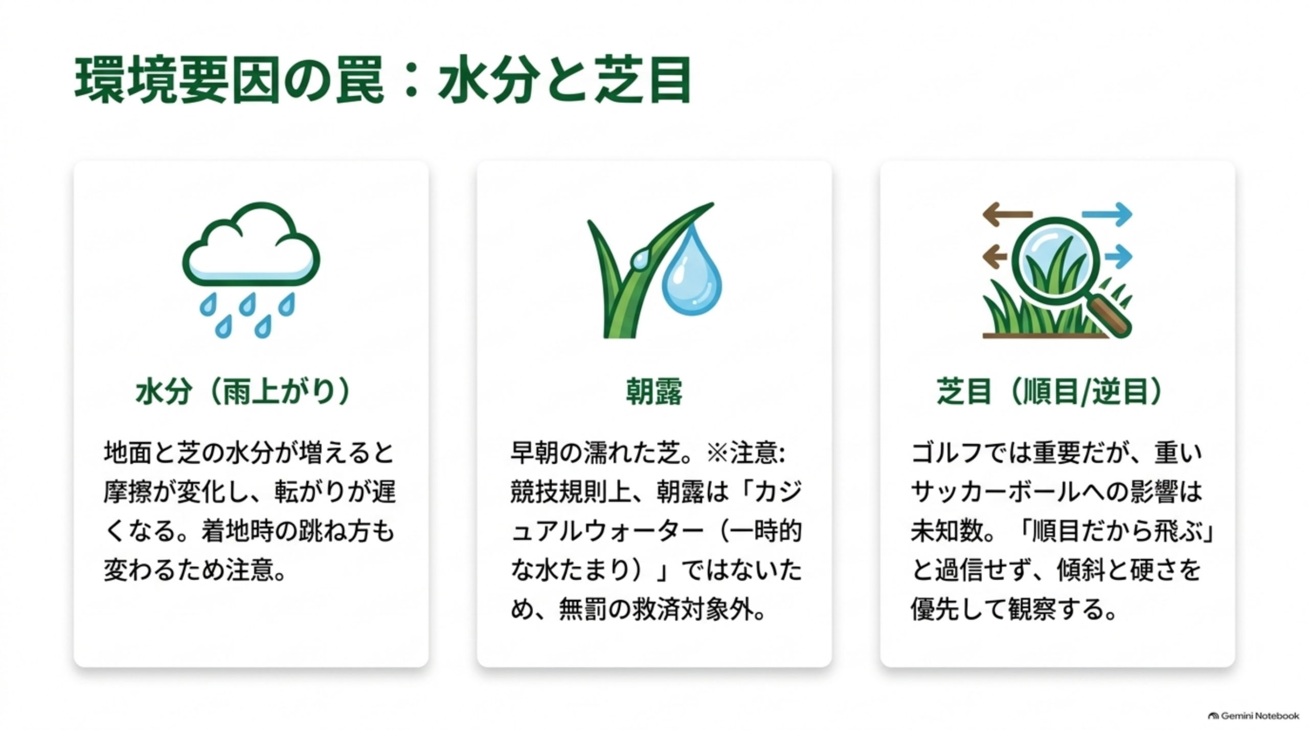 水分（雨上がり）・朝露・芝目（順目と逆目）の3つの環境要因をアイコンで示した図