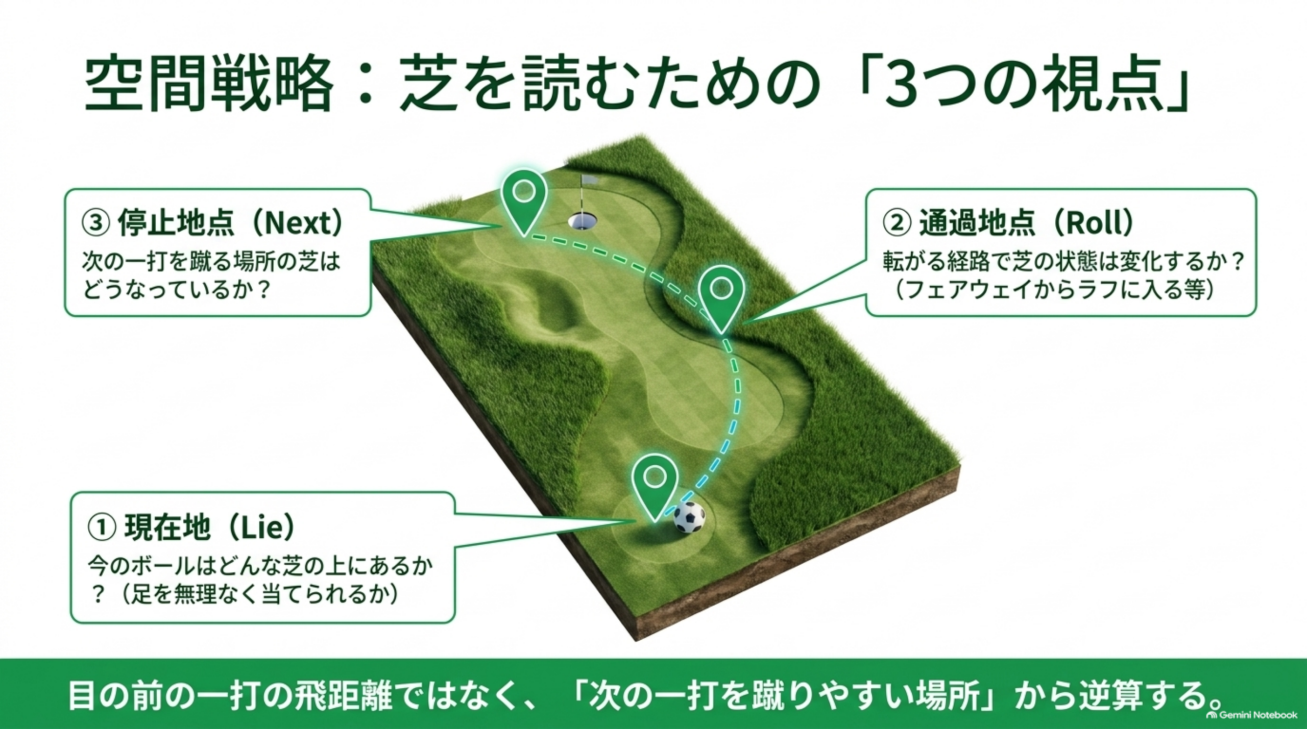 立体的なホール模型の上に、現在地・通過地点・停止地点の3つのピンを示した図