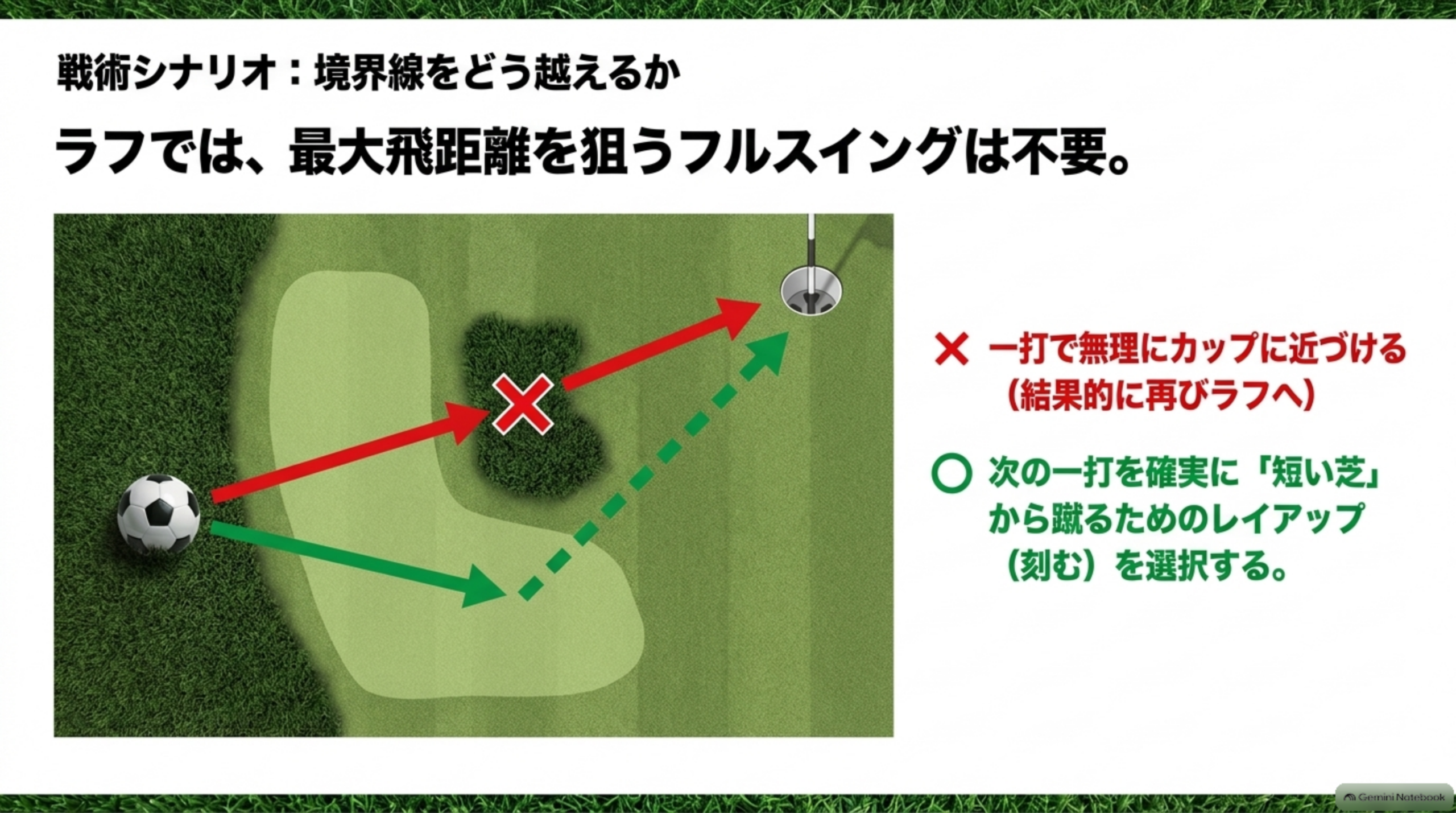 ラフからカップを直接狙うと再びラフに入る例と、短い芝へ運んでから次の一打を考える例を比較した上空図