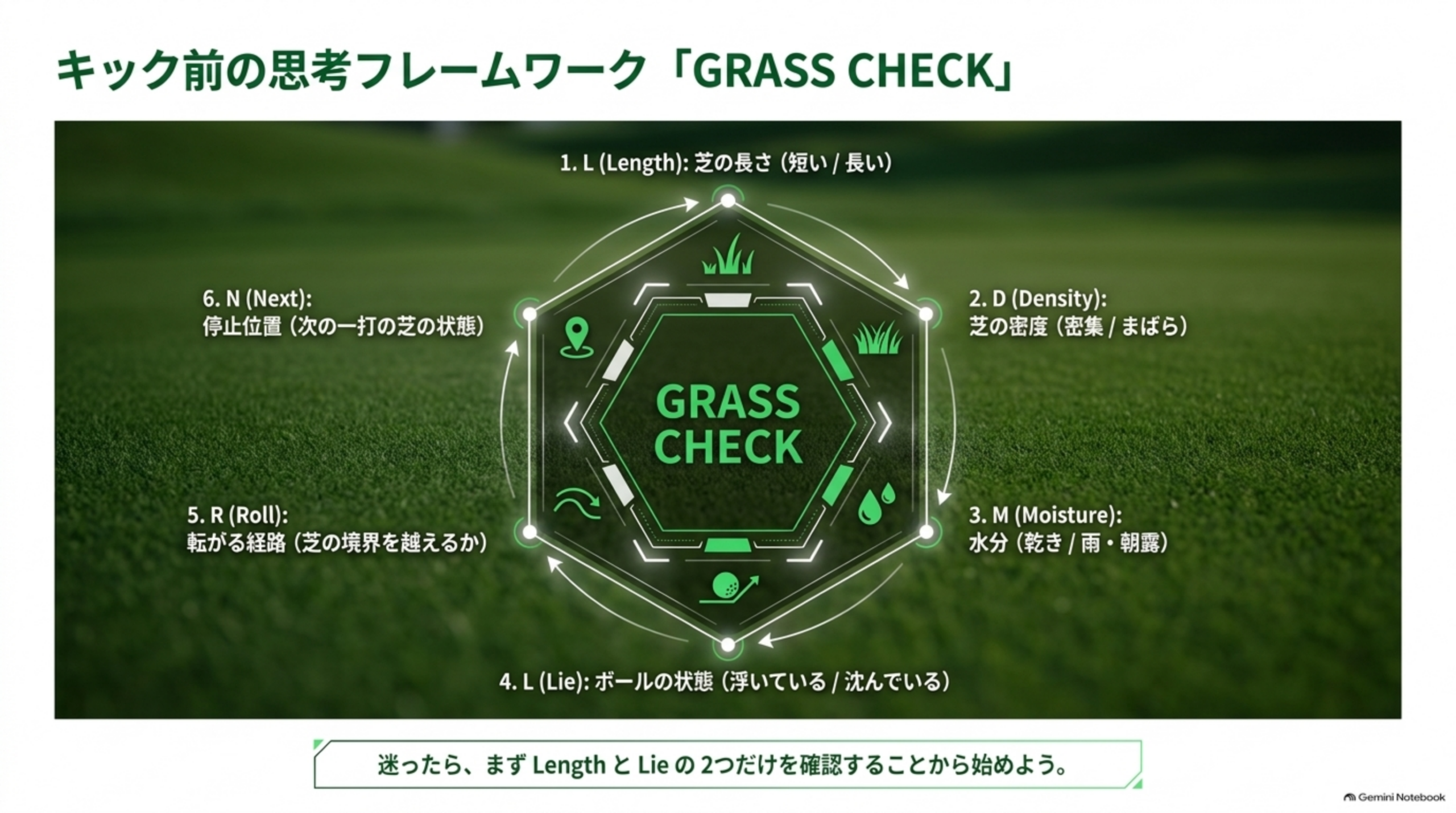 GRASS CHECKの6項目を六角形に配置した図