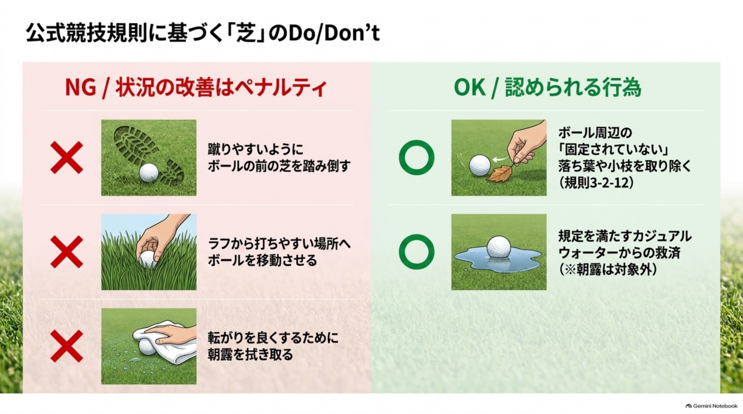 芝に関して認められない行為と認められる行為を、写真付きで左右に並べた図