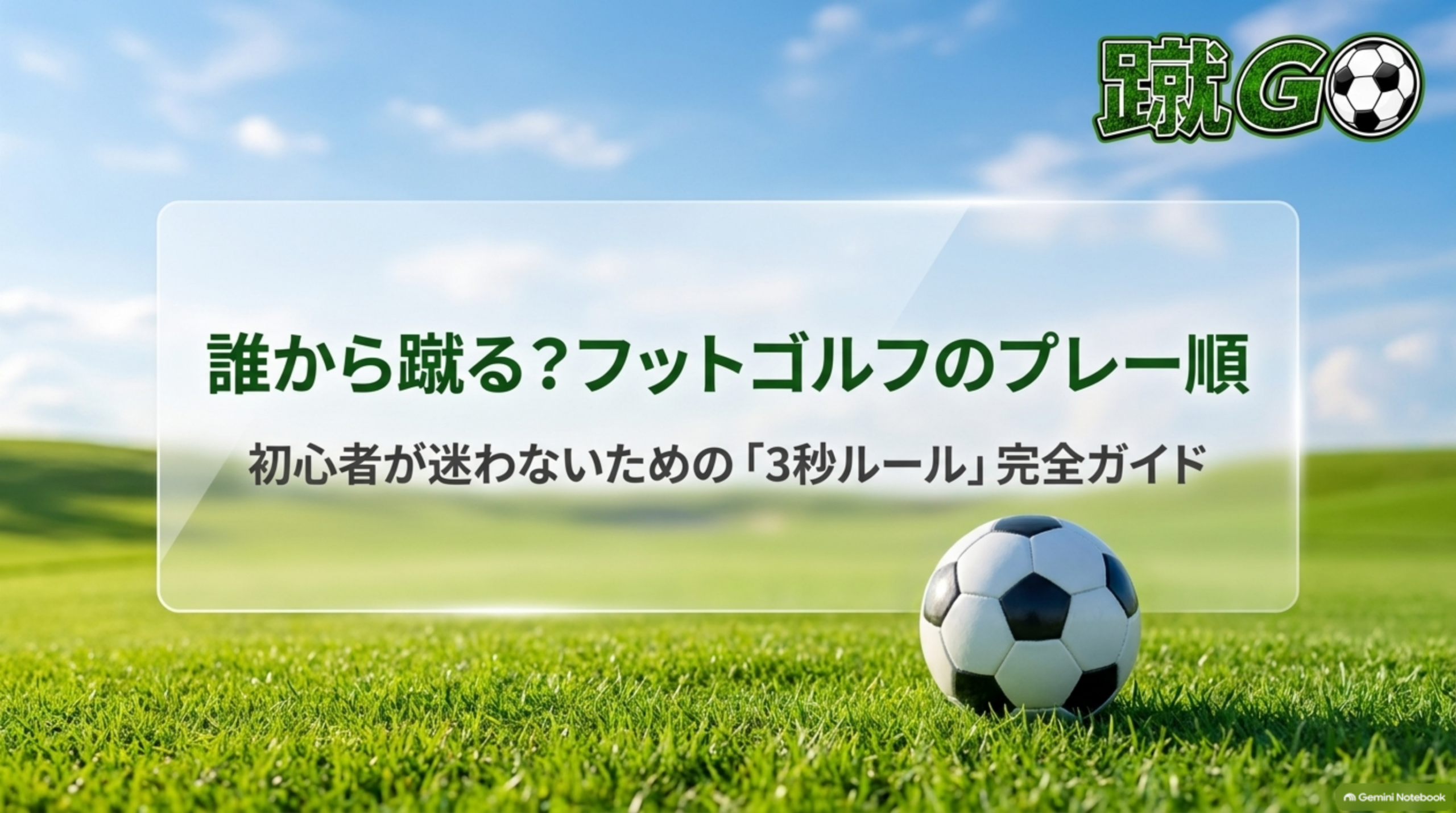 誰から蹴る？フットゴルフのプレー順。初心者が迷わないための「3秒ルール」完全ガイド。芝生の上に置かれたサッカーボールのイメージ